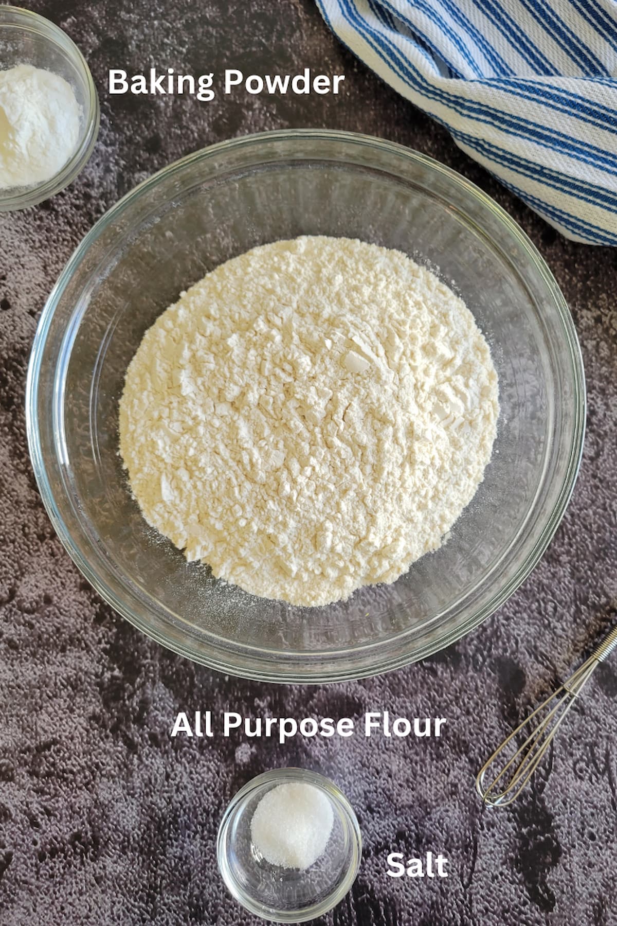 ingredients for recipe for self rising flour - all purpose flour, salt, baking powder