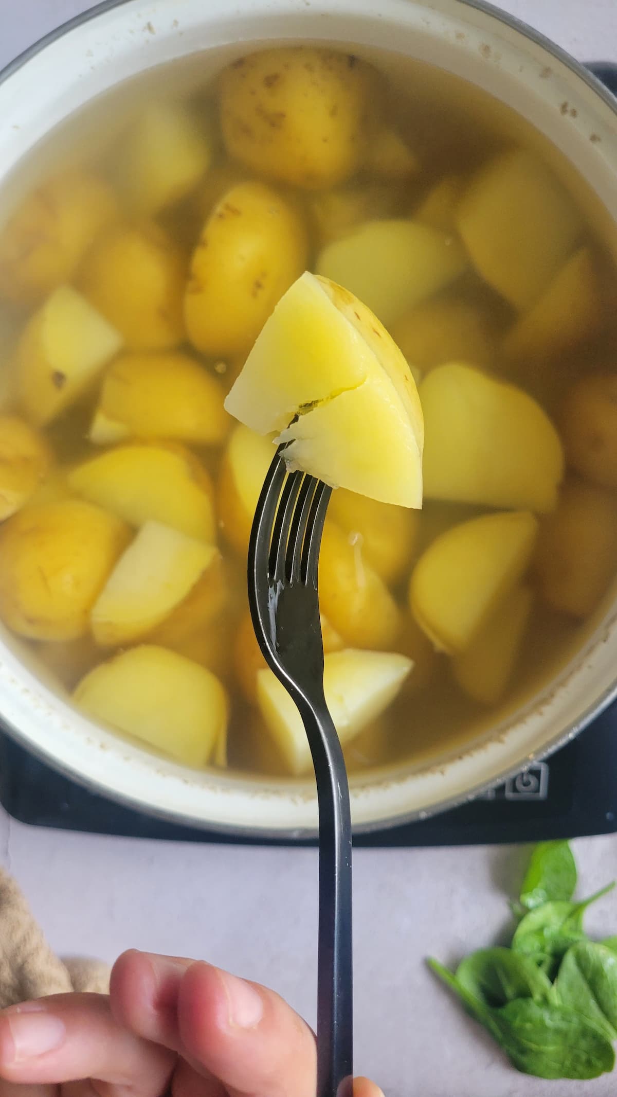 fork piercing a cubed potato over a pot of cubed potatoes in water