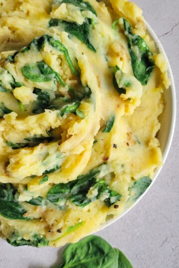 bowl of mashed potatoes and spinach