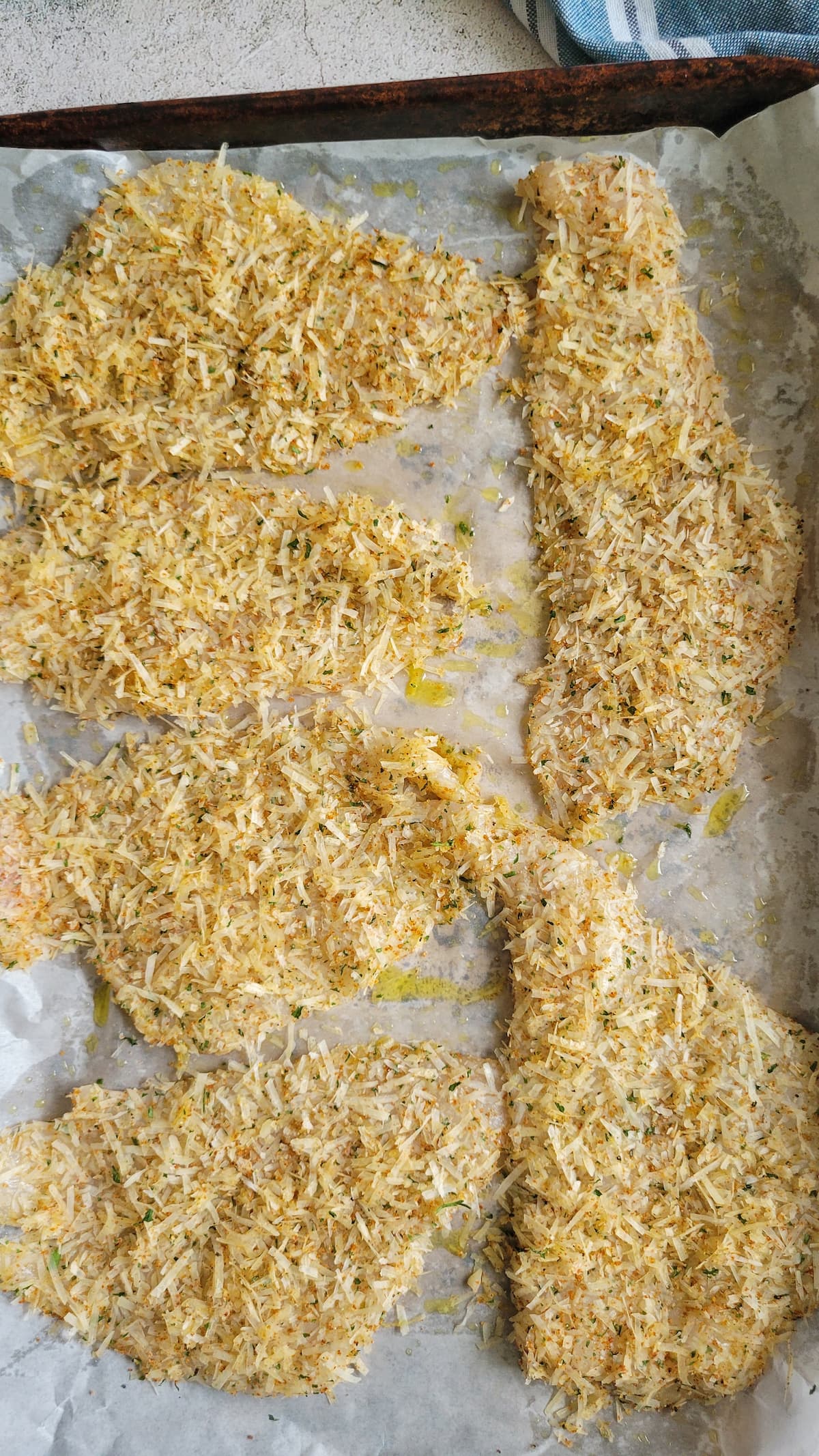 6 uncooked parmesan crusted fish fillets on a parchment lined baking sheet