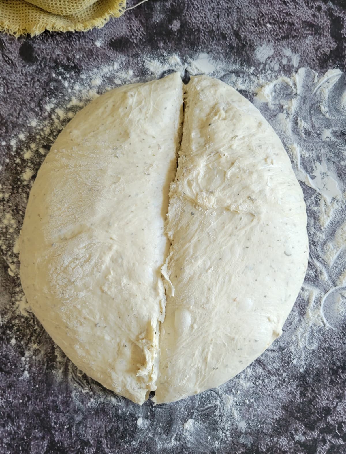 ball of dough cut in half