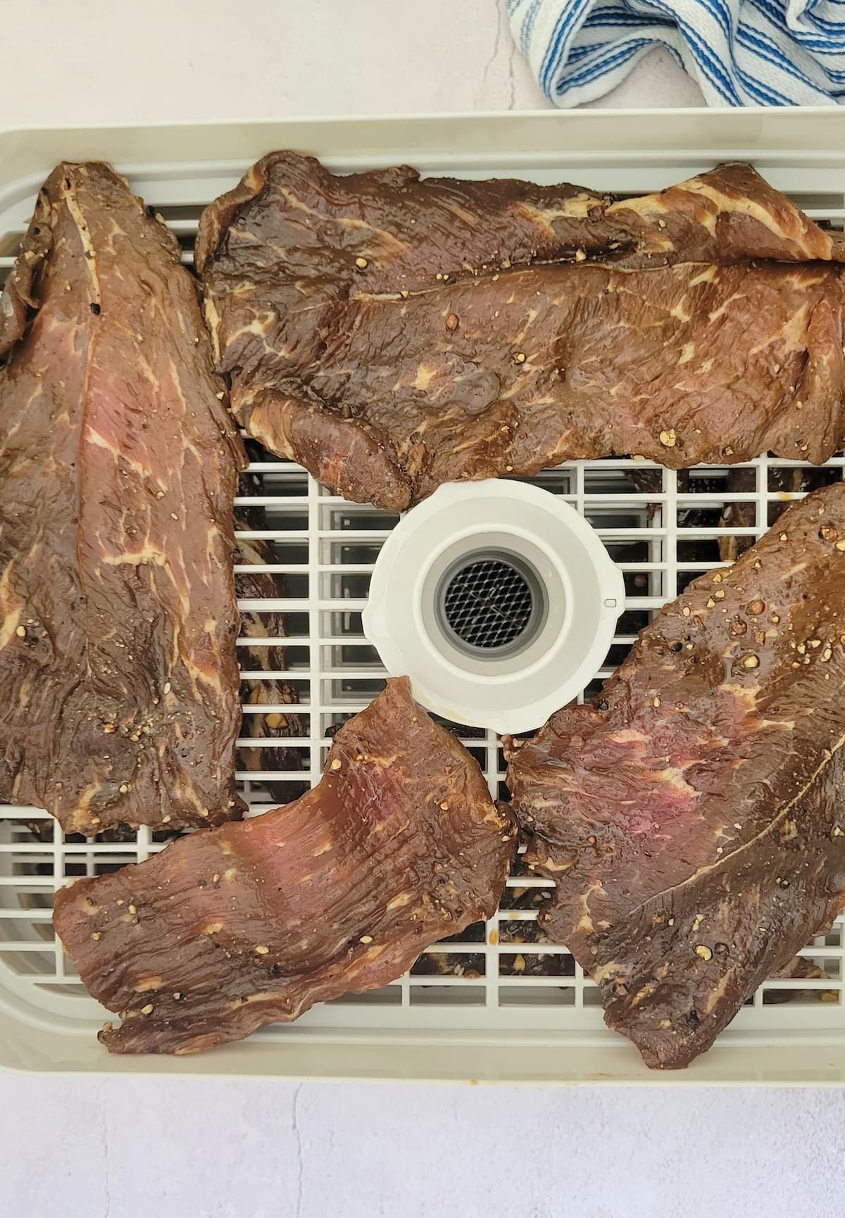 4 slices of rhalf cooked meat in a dehydrator