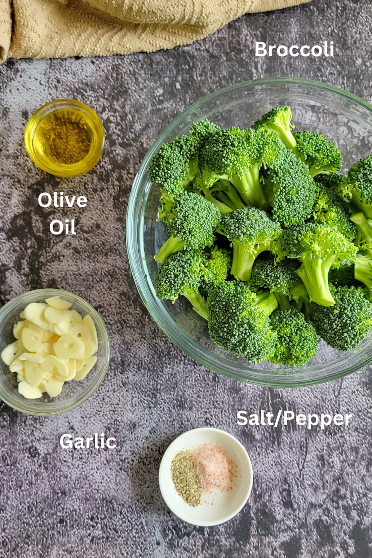 ingredients for recipe for garlic broccoli - broccoli, garlic, salt/pepper, olive oil