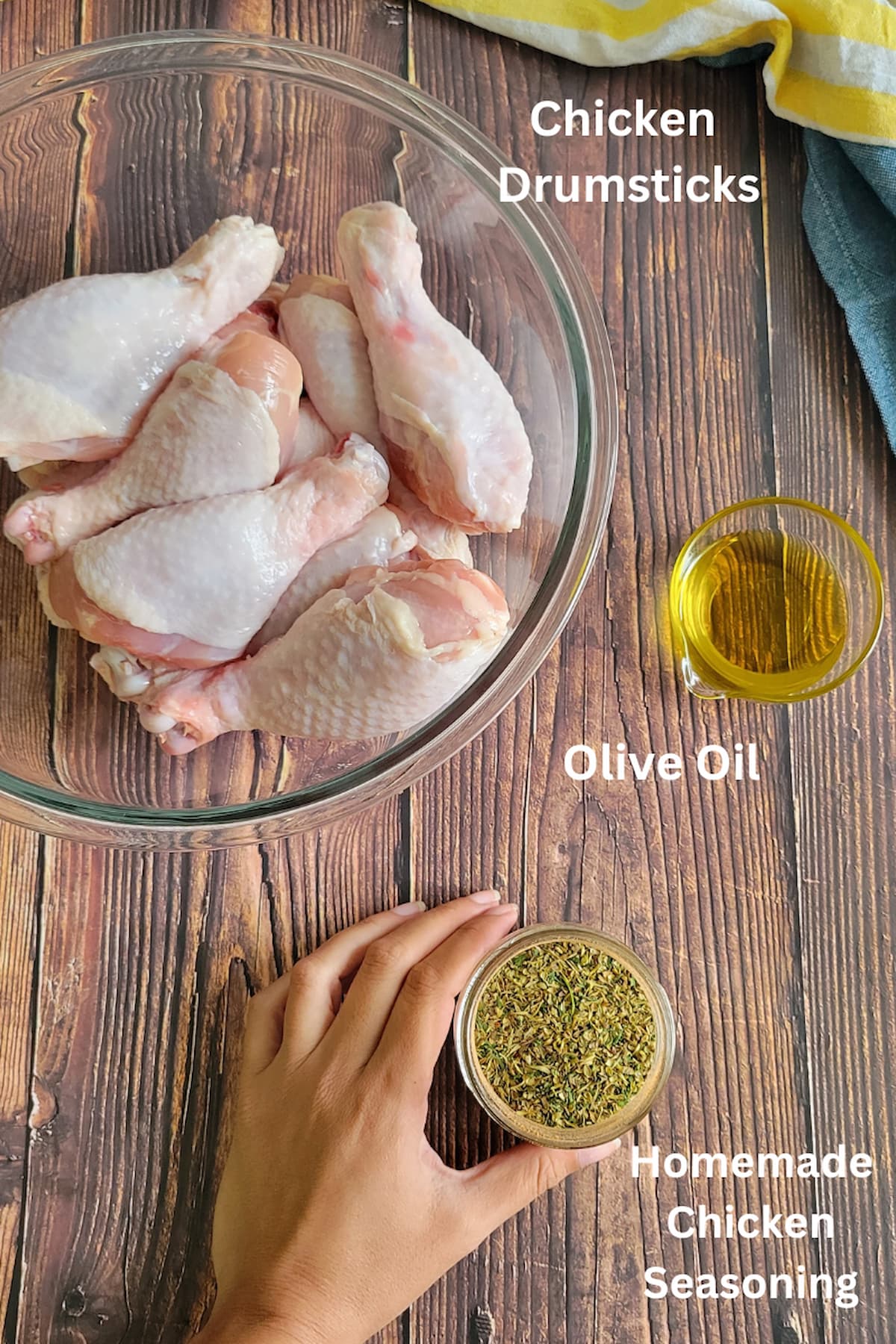 ingredients for air fryer drumsticks - drumsticks, olive oil, homemade chicken seasoning