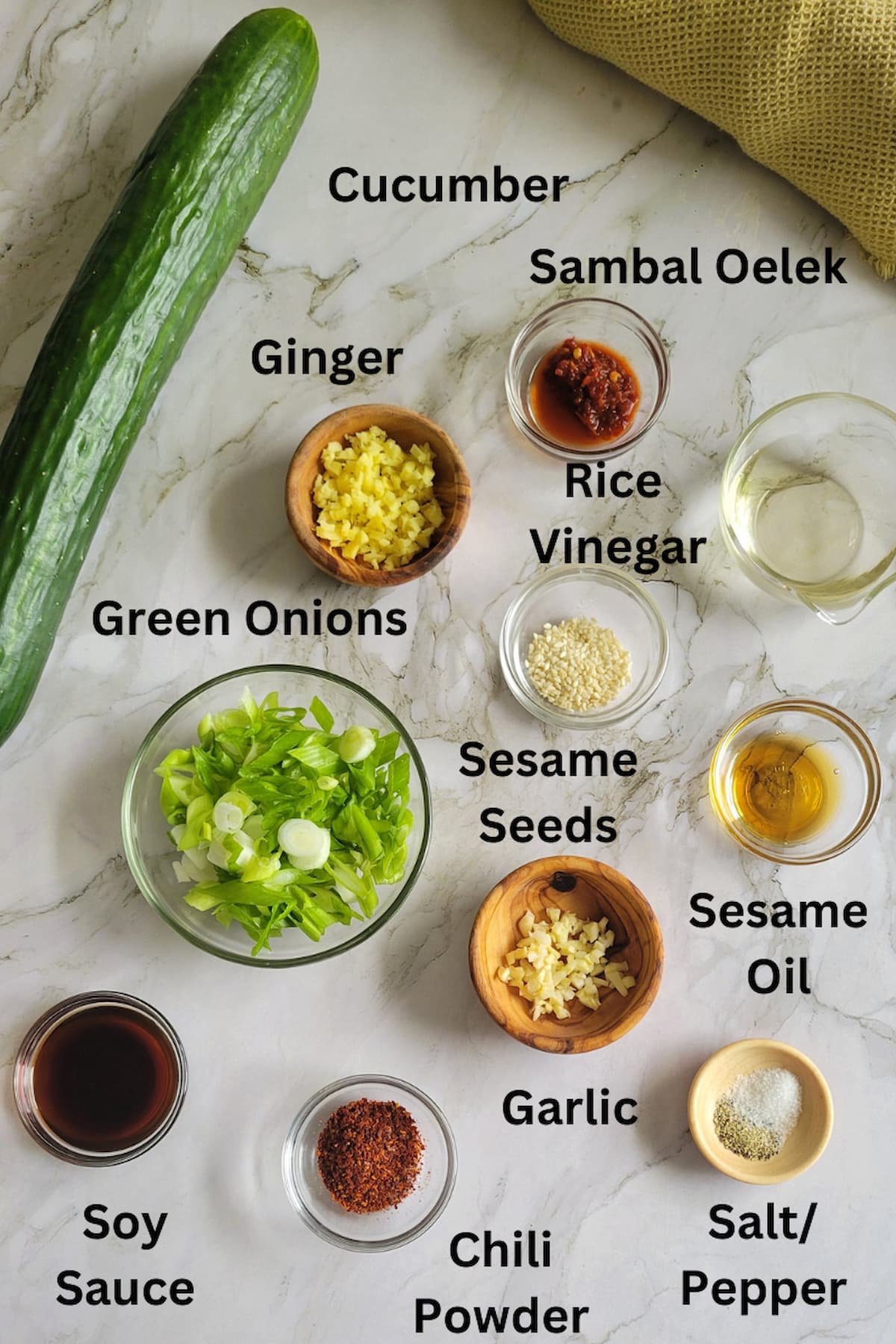 ingredients for asian cucumber salad - cucumber, garlic, ginger, sambal oelek, rice vinegar, sesame oil, sesame seeds, green onions, soy sauce, chili powder, salt/pepper