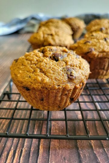 side view of pumpkin chocolate chip muffins on a wire rack