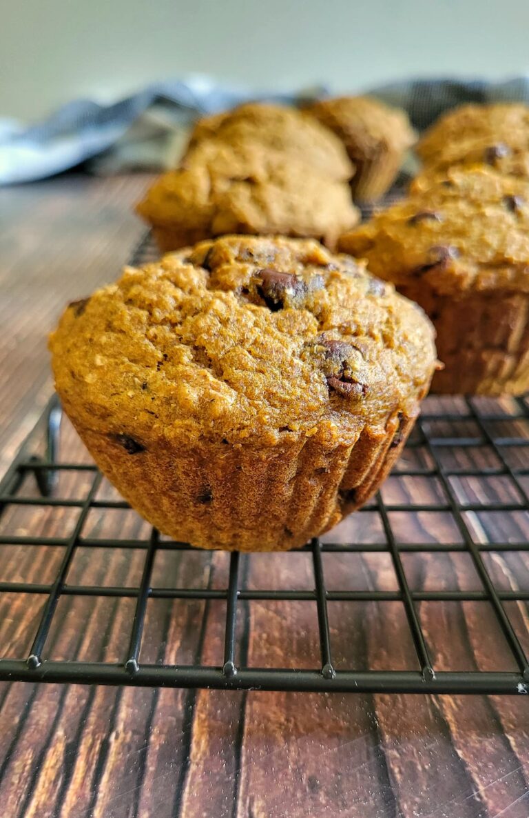 side view of pumpkin chocolate chip muffins on a wire rack