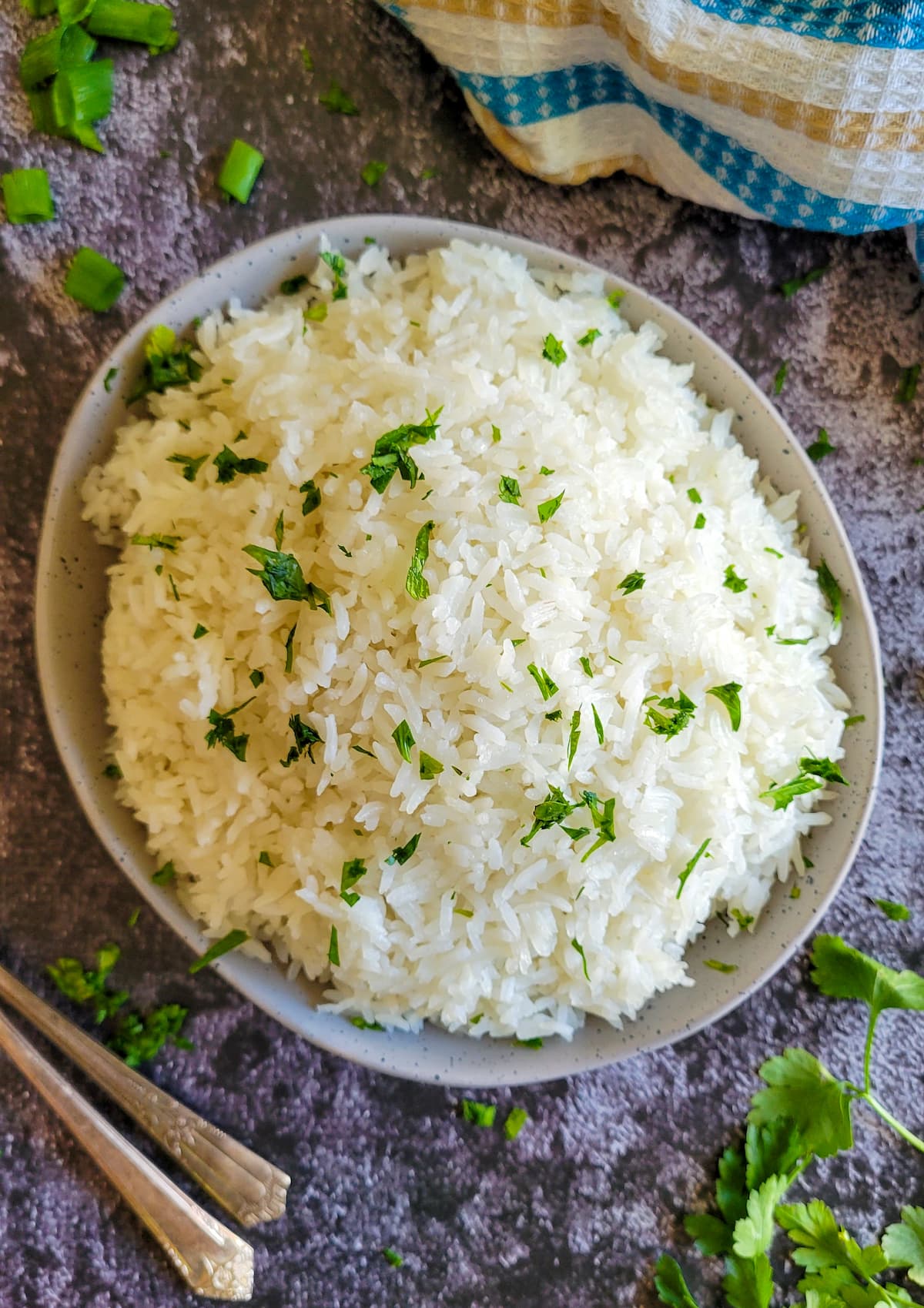 bowl of white rice garnished with fresh chopped parsley