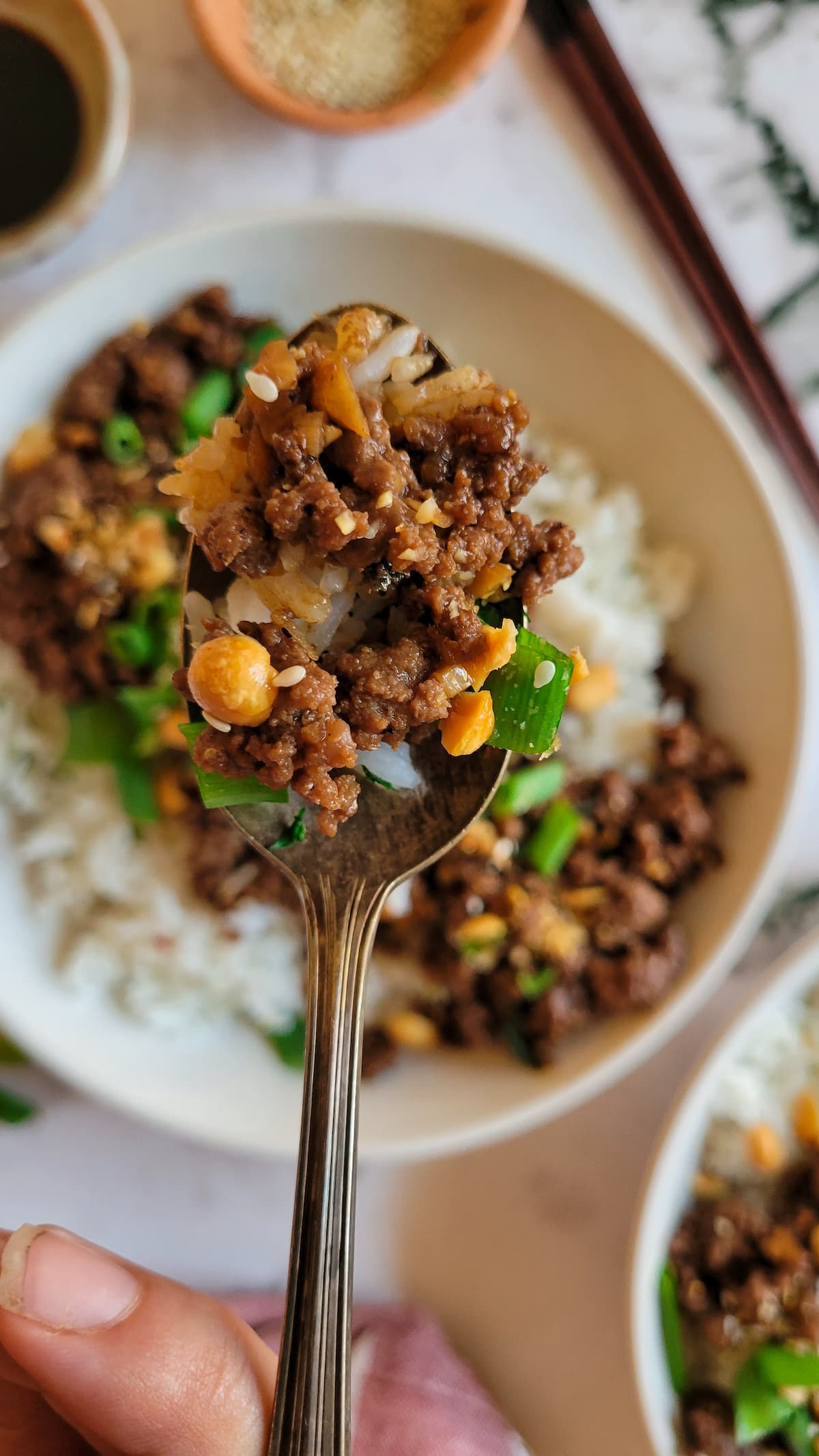 spoonful of ground beef, peanuts and green onions over a bowl with the rest