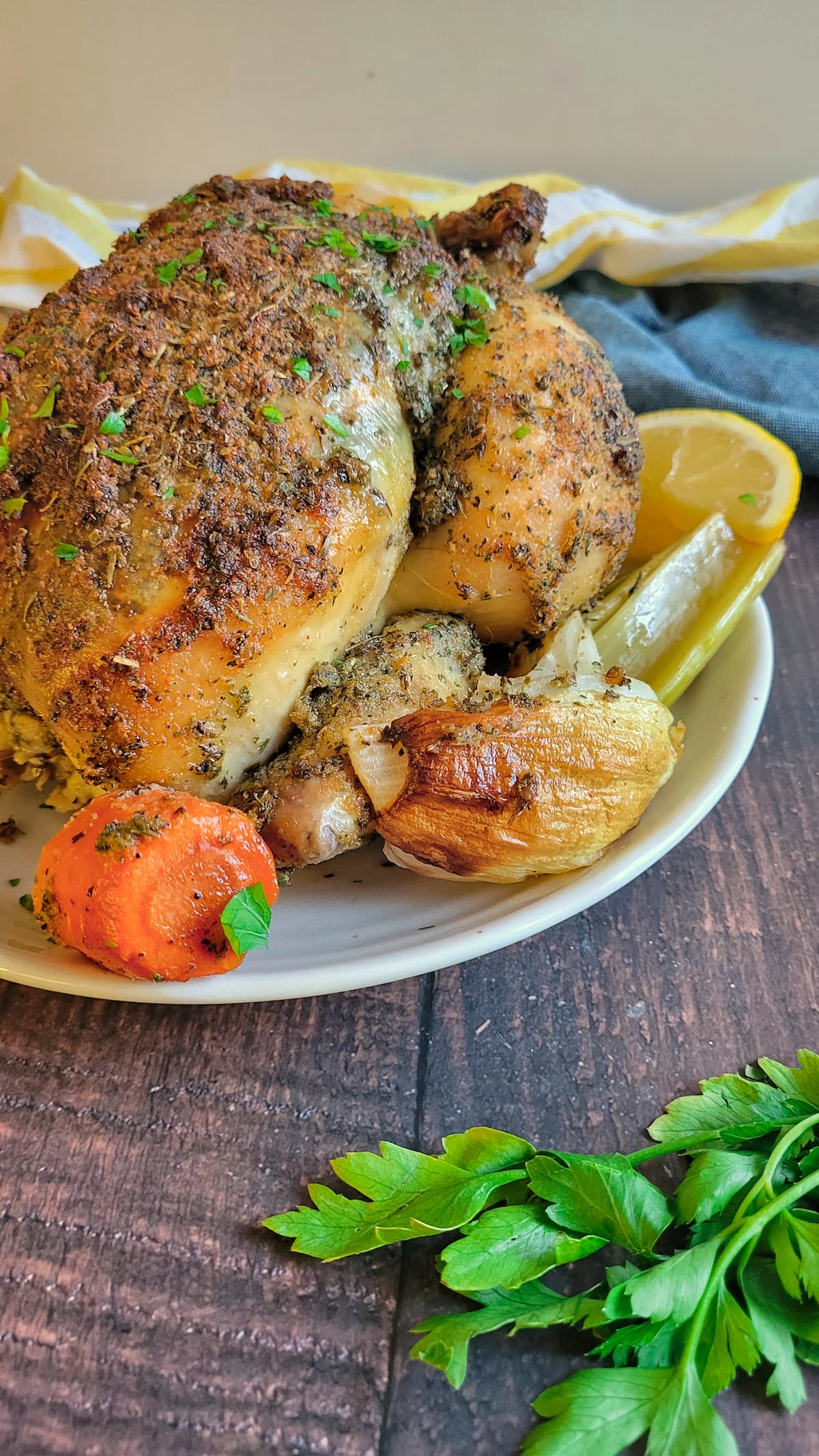whole roasted chicken with lemon, herbs and carrots