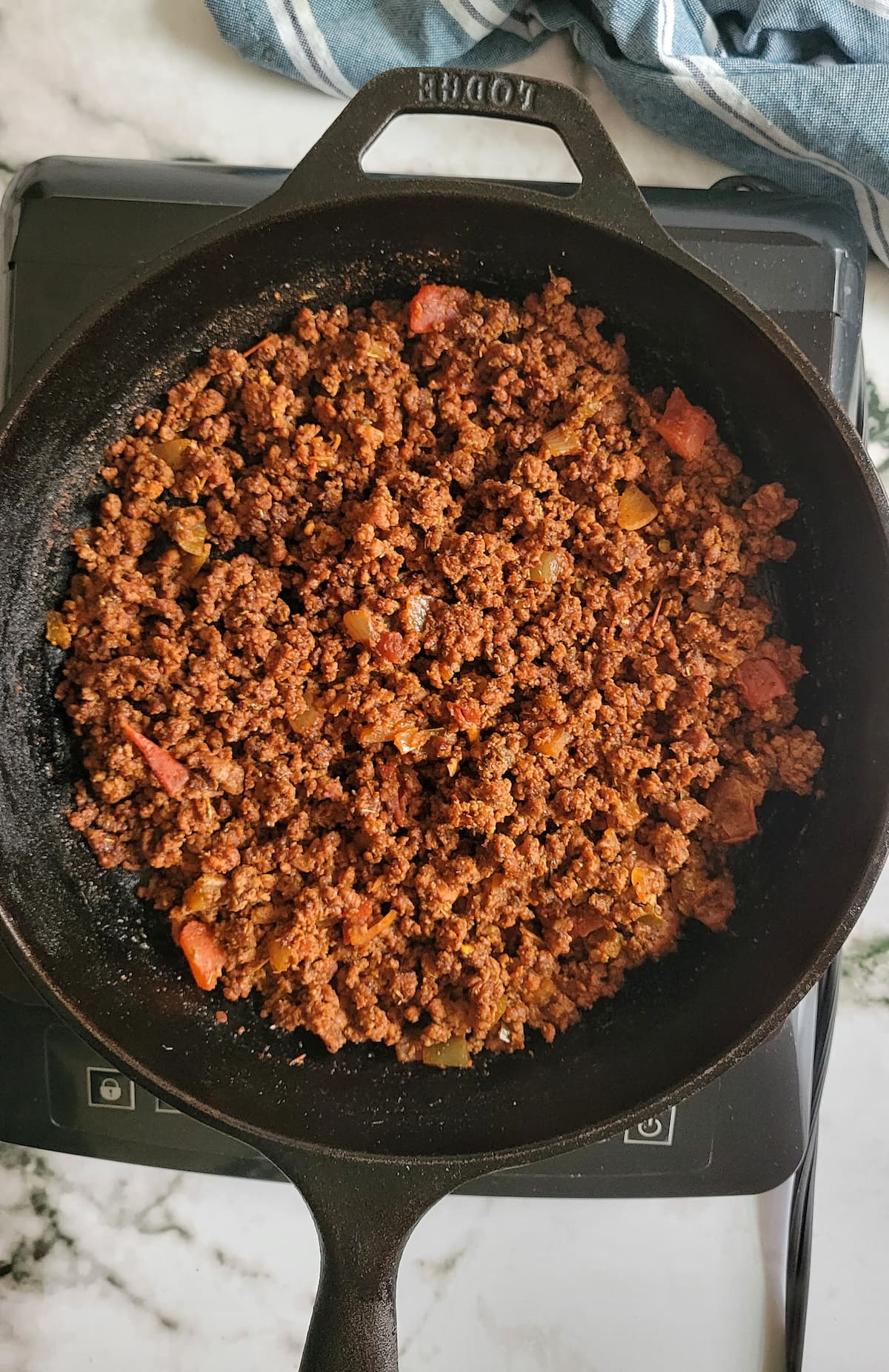seasoned taco ground beef in a skillet