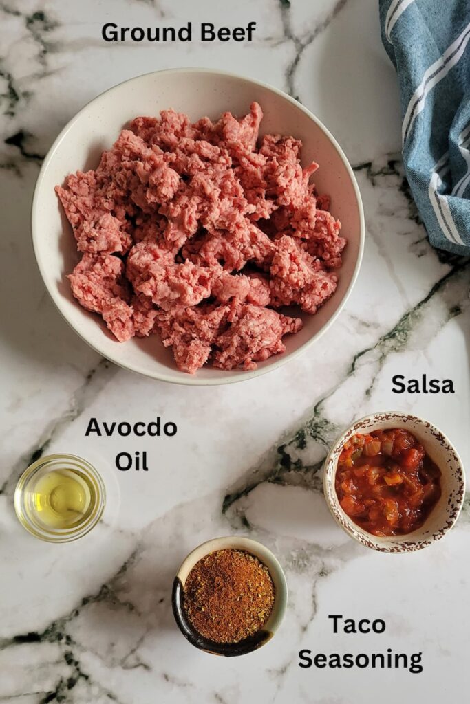 ingredients for recipe for taco ground beef - ground beef, taco seasoning, salsa, avocado oil