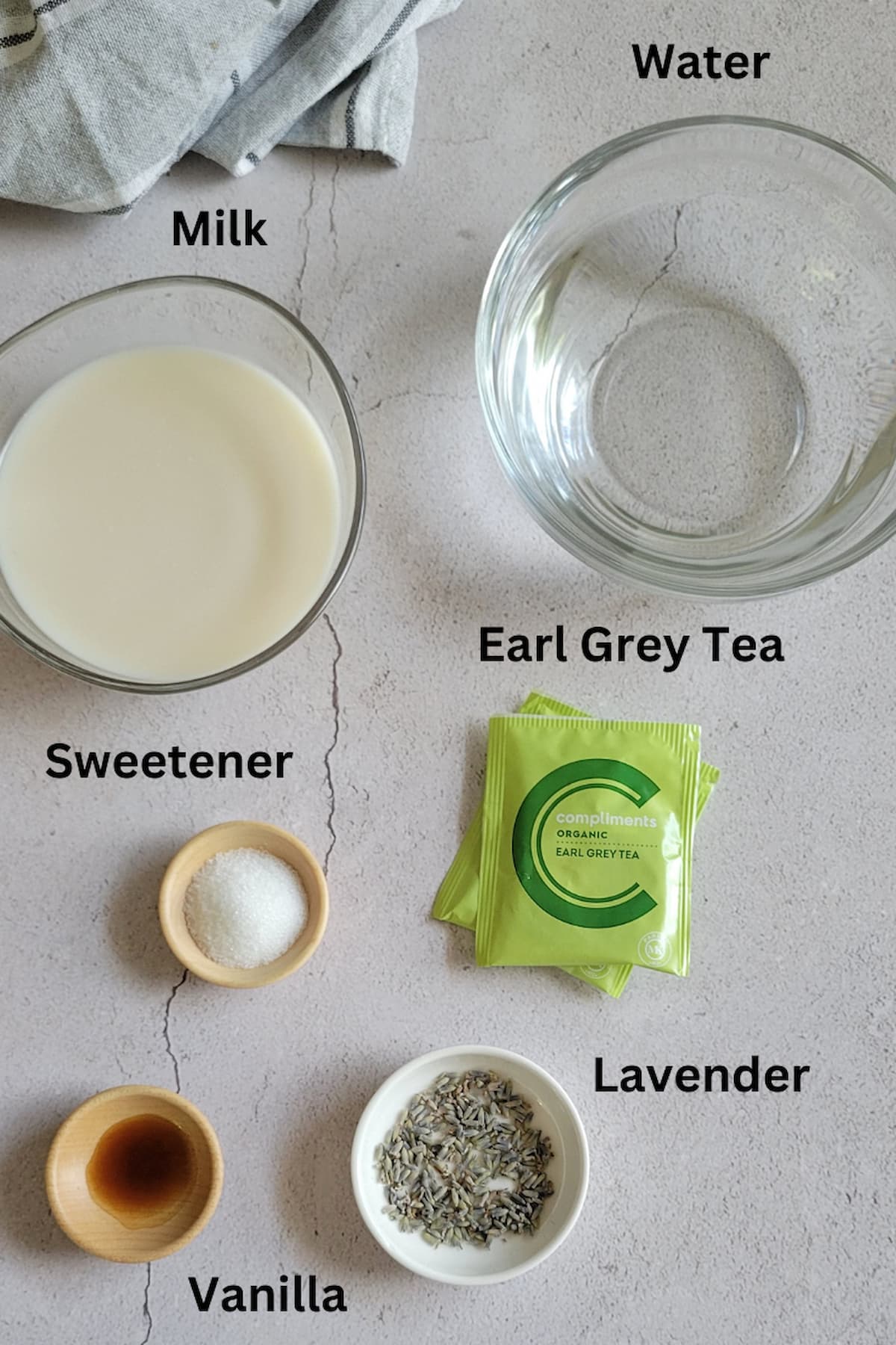 ingredients for london fog from starbucks - earl grey tea, water, milk, vanilla, sweetener, lavender