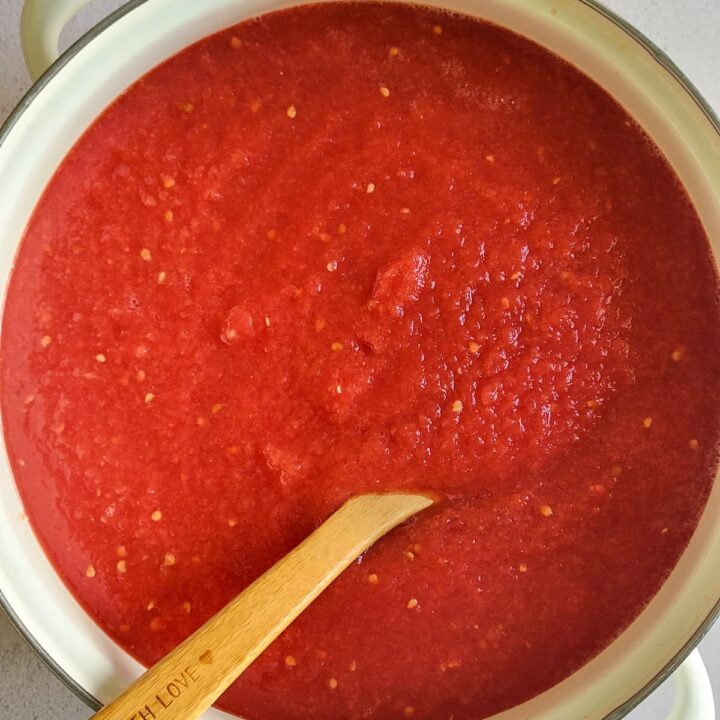 pot of tomato sauce with a wooden spoon in it, garlic and basil in the background