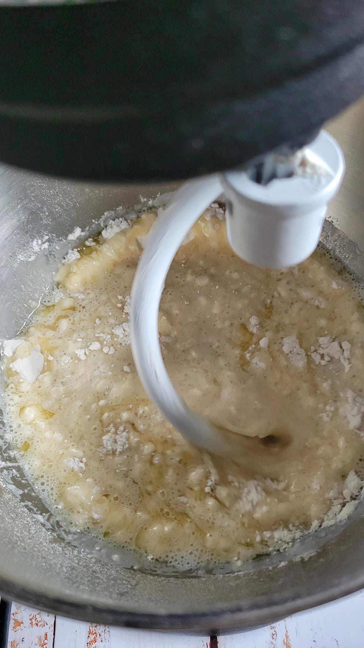 dough being mixed in a kitchenaid mixer