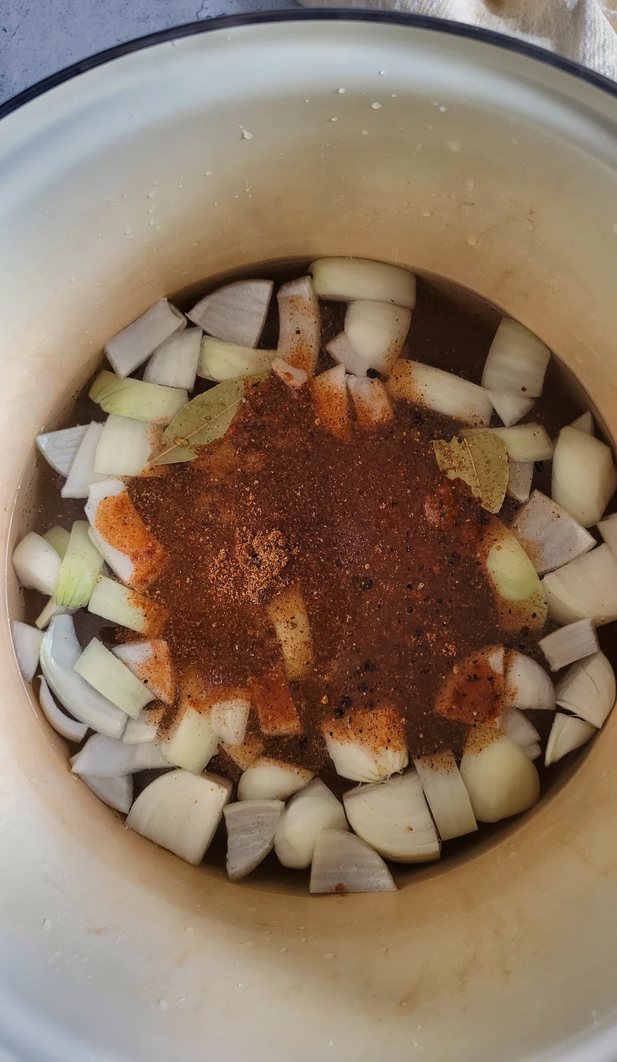 chopped onions, spiced and stock in a large pot