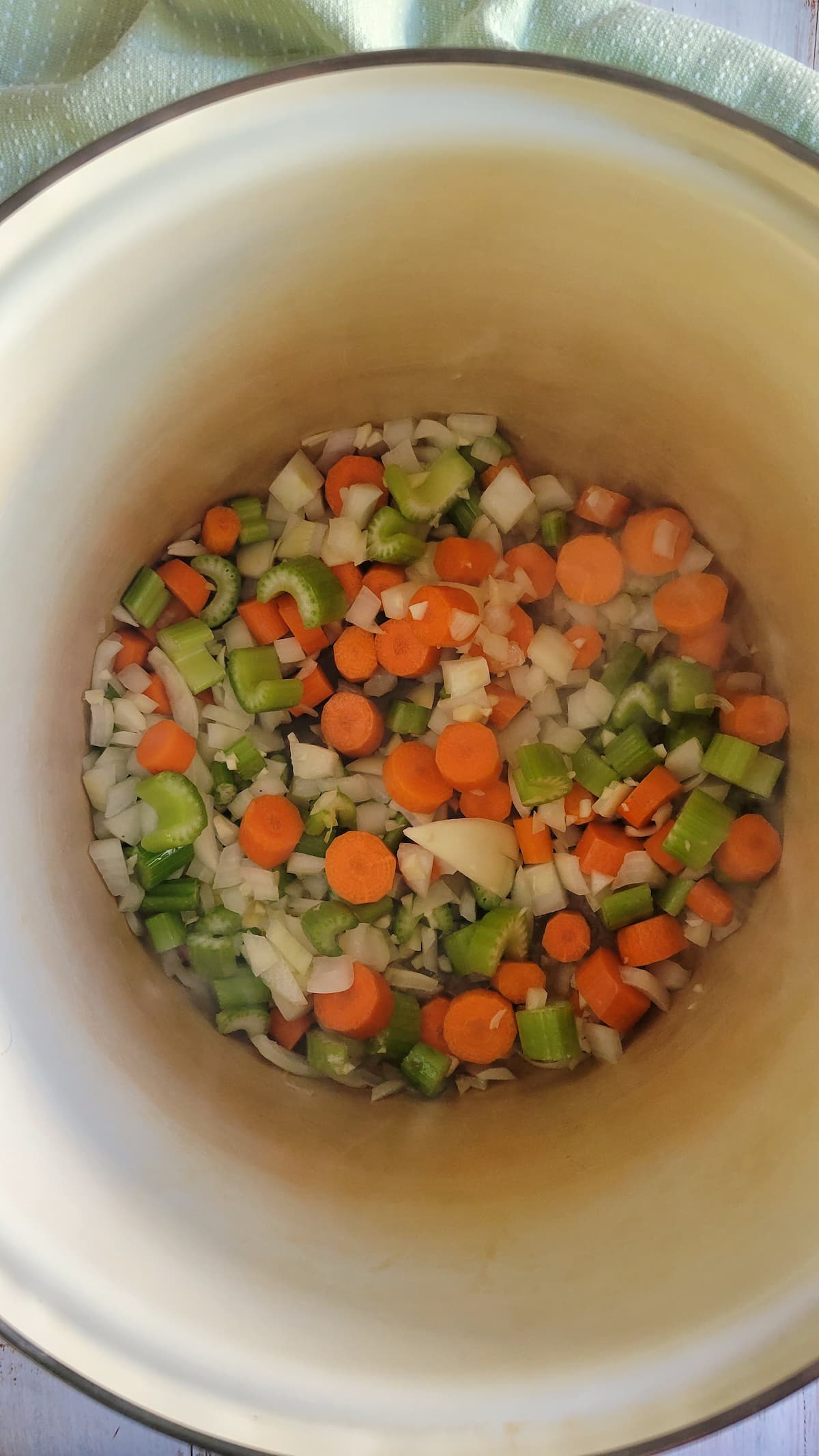 diced carrots, celery, onions and garlic in a pot