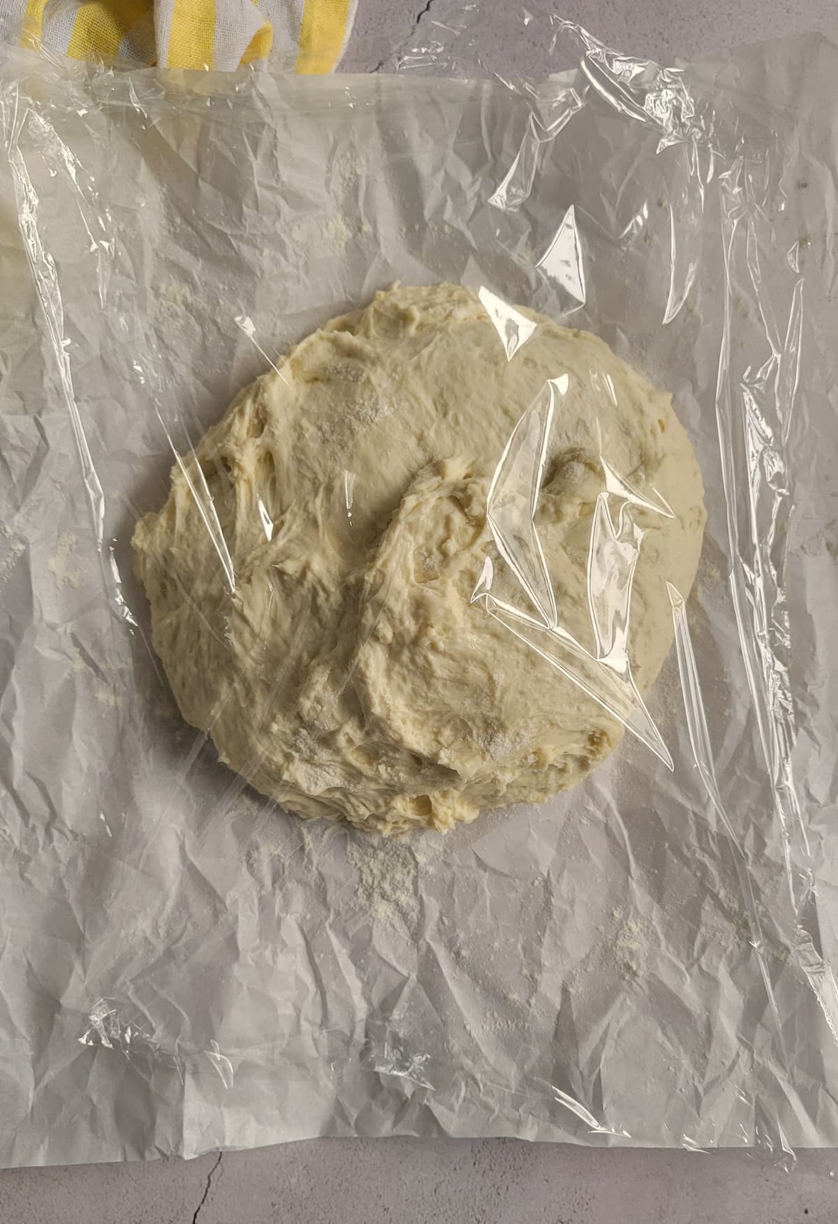 ball of dough on a piece of parchment paper covered in plastic wrap