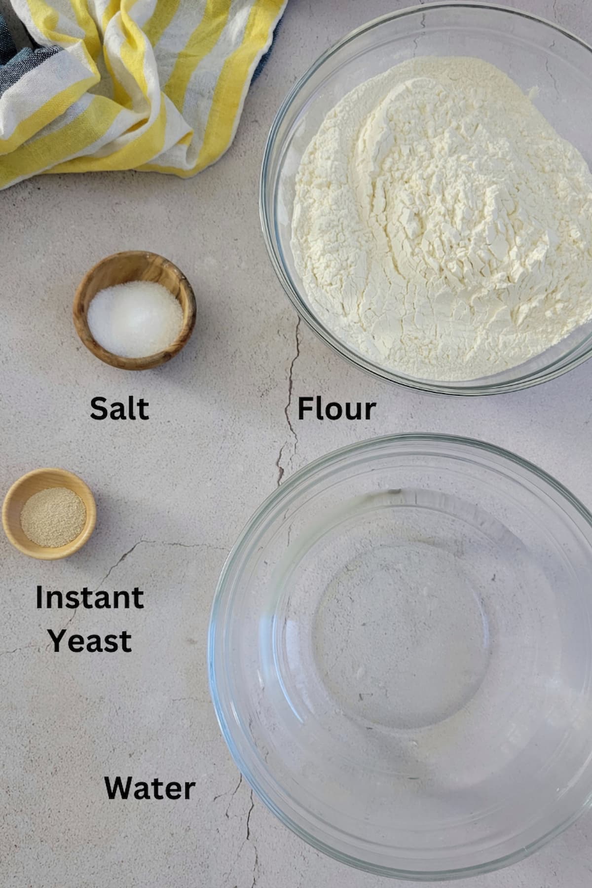 ingredients for no knead bread - water, instant yeast, flour, salt