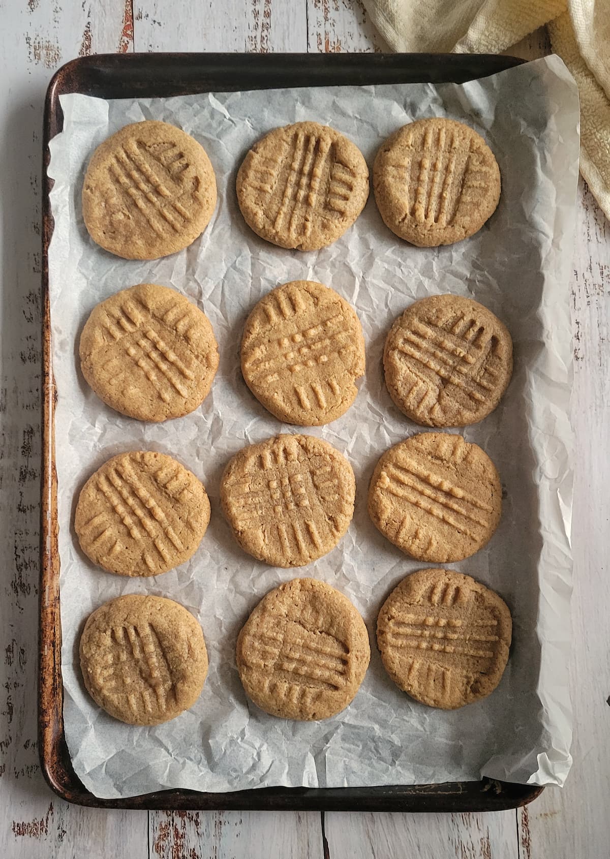 freshly baked peanut butter cookies on a parchment lined baking sheet