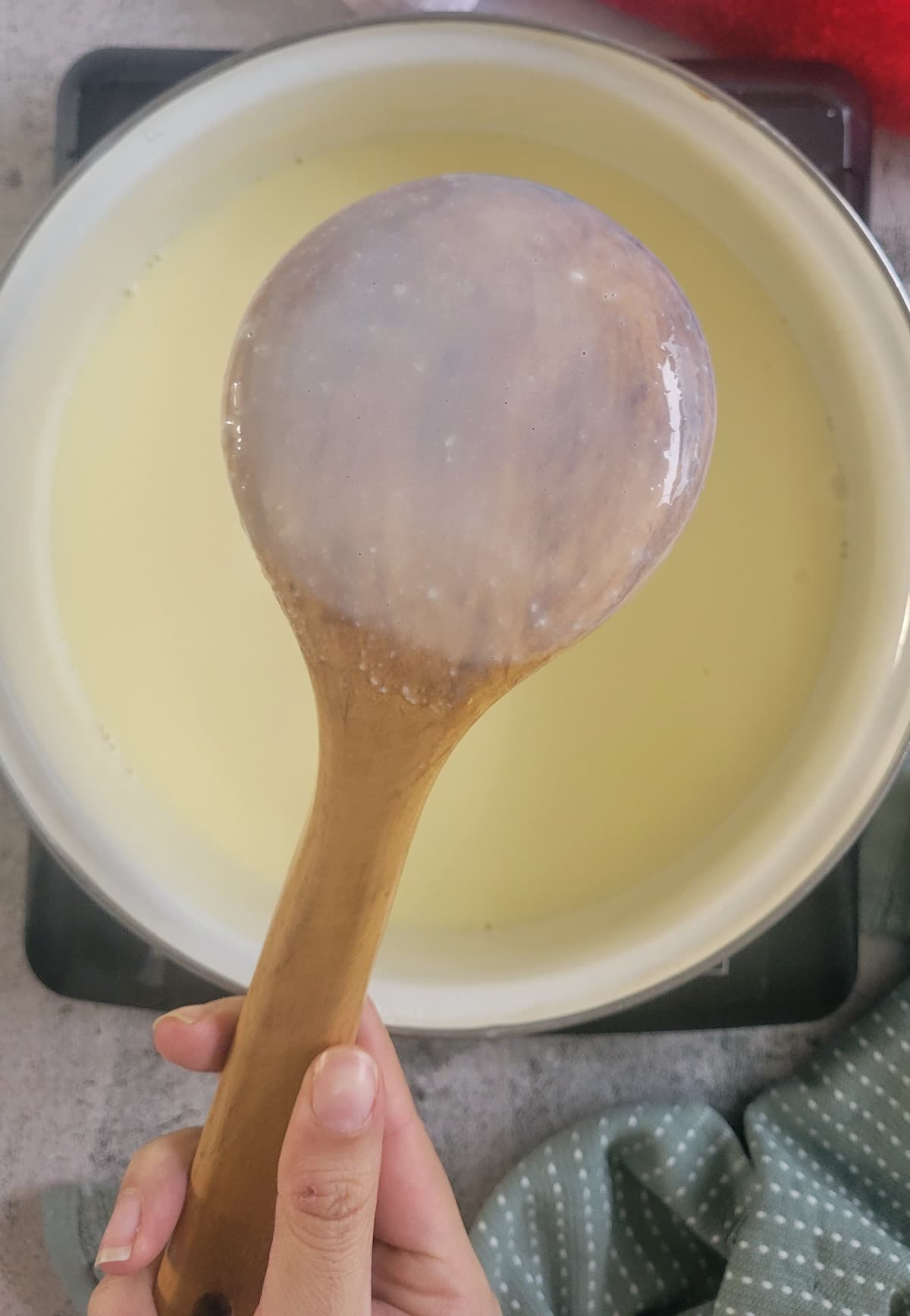 white liquid coating the back of a wooden spoon over a pot of the rest of it
