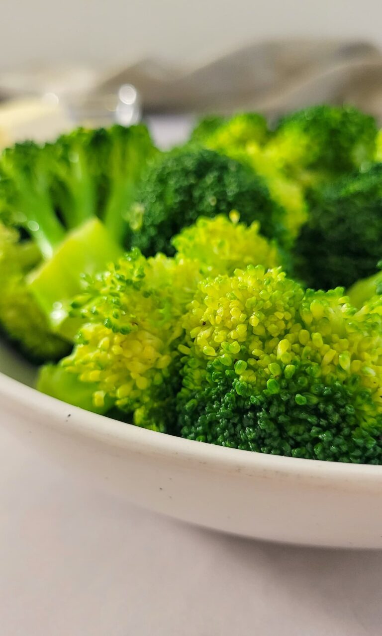 side view of broccoli in a bowl
