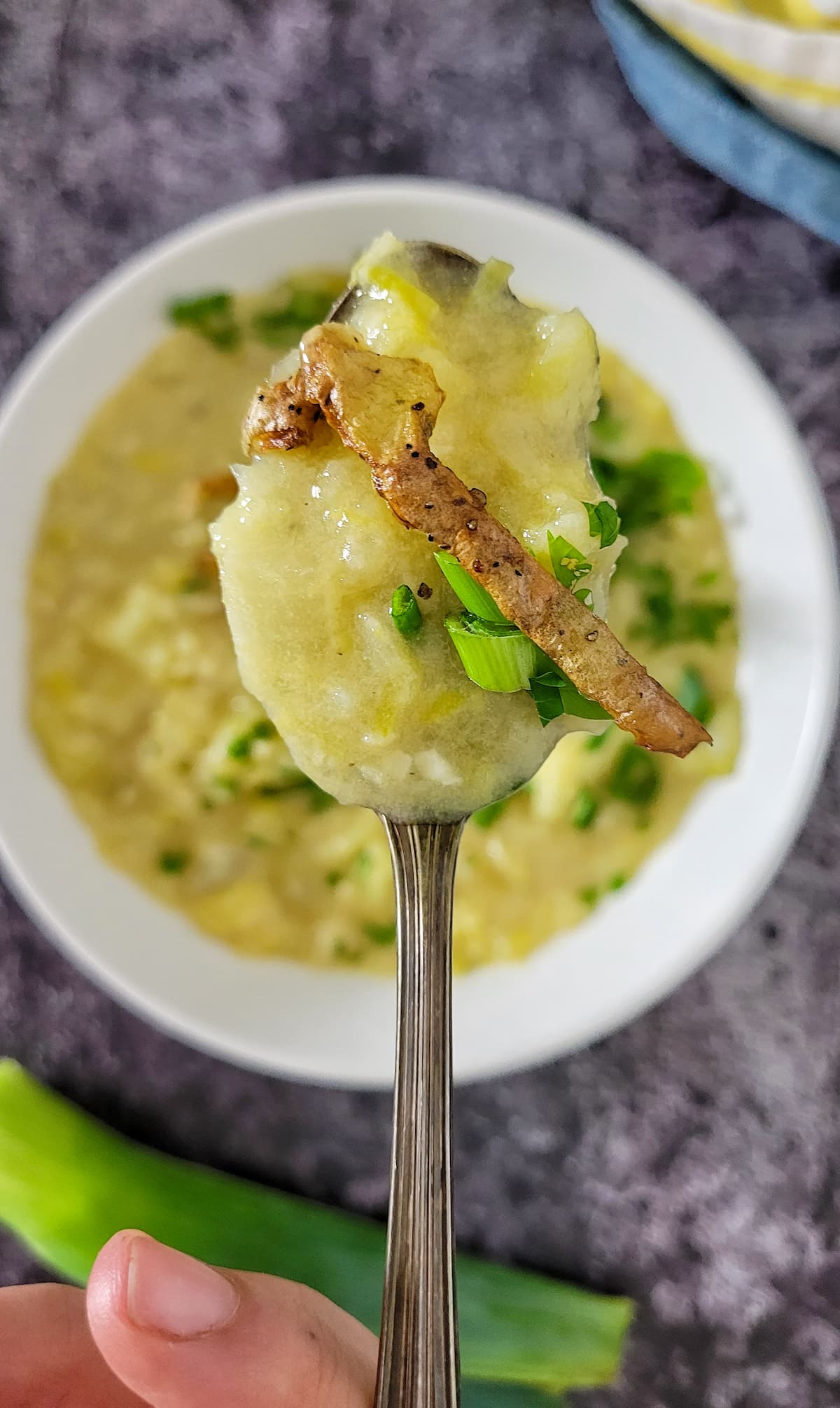 spoonful of potato leek soup over a bowl of the rest