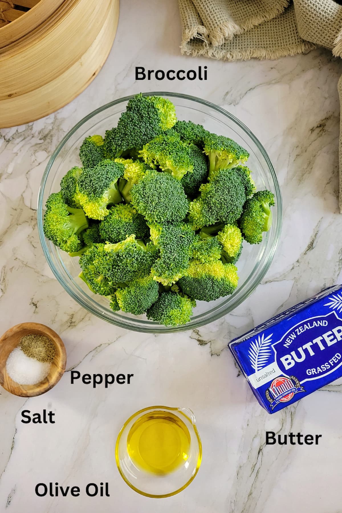 ingredients for steaming broccoli recipe - broccoli, butter, olive oil, salt, pepper