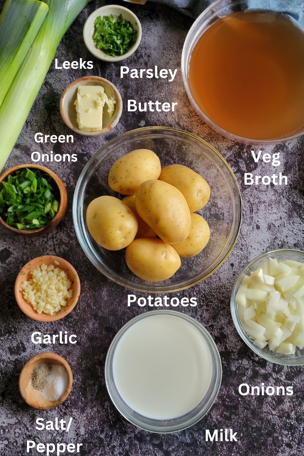 ingredients for leek soup potato - potatoes, veg broth, parsley, leeks, green onions, butter, garlic, salt/pepper, onions, milk