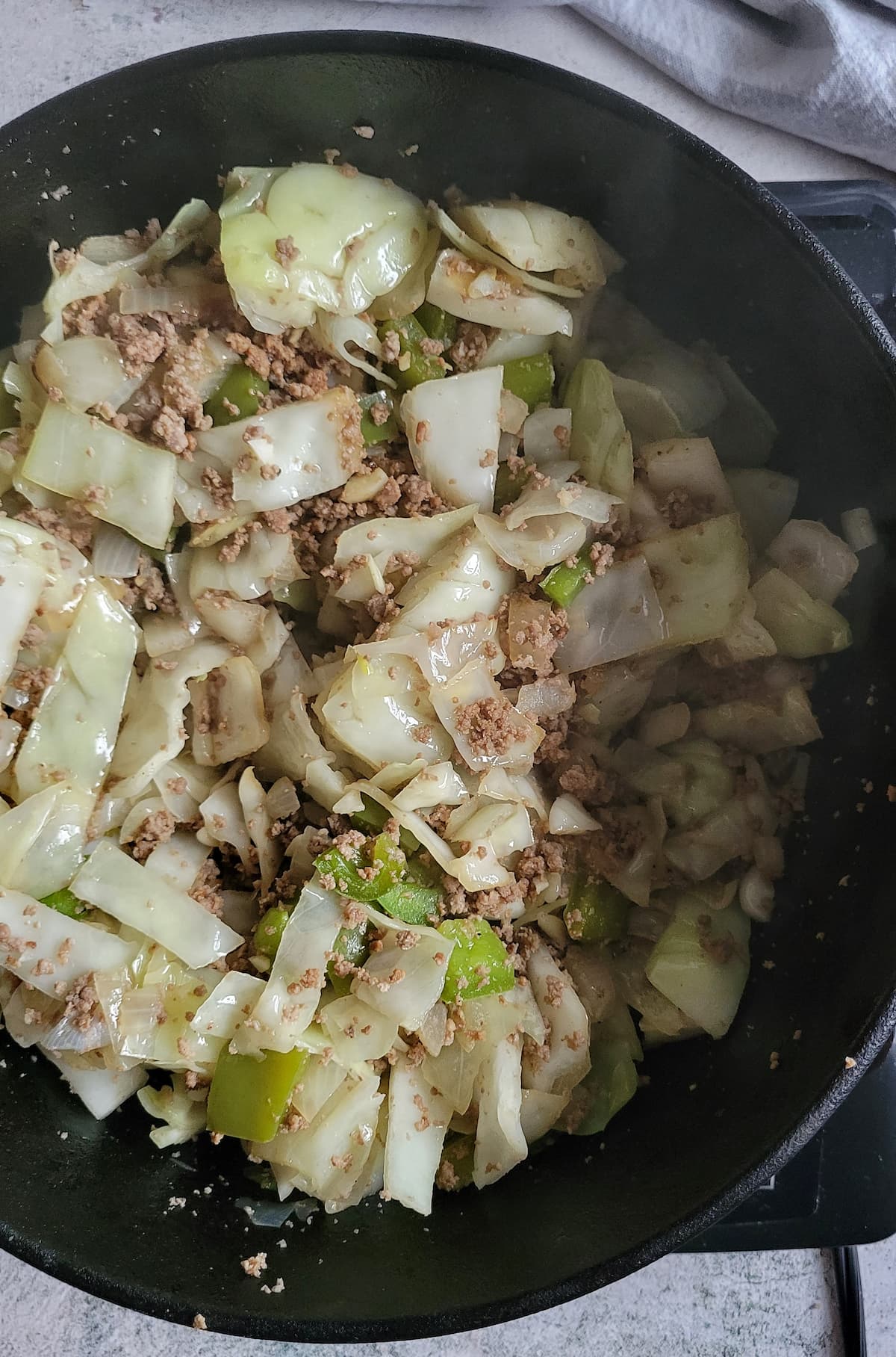cooked ground beef and cabbage in a pot
