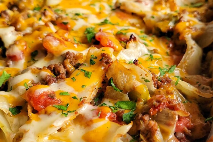 cabbage casserole with cheese, diced tomatoes and ground beef