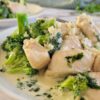 chicken and broccoli with minced garlic in alfredo sauce