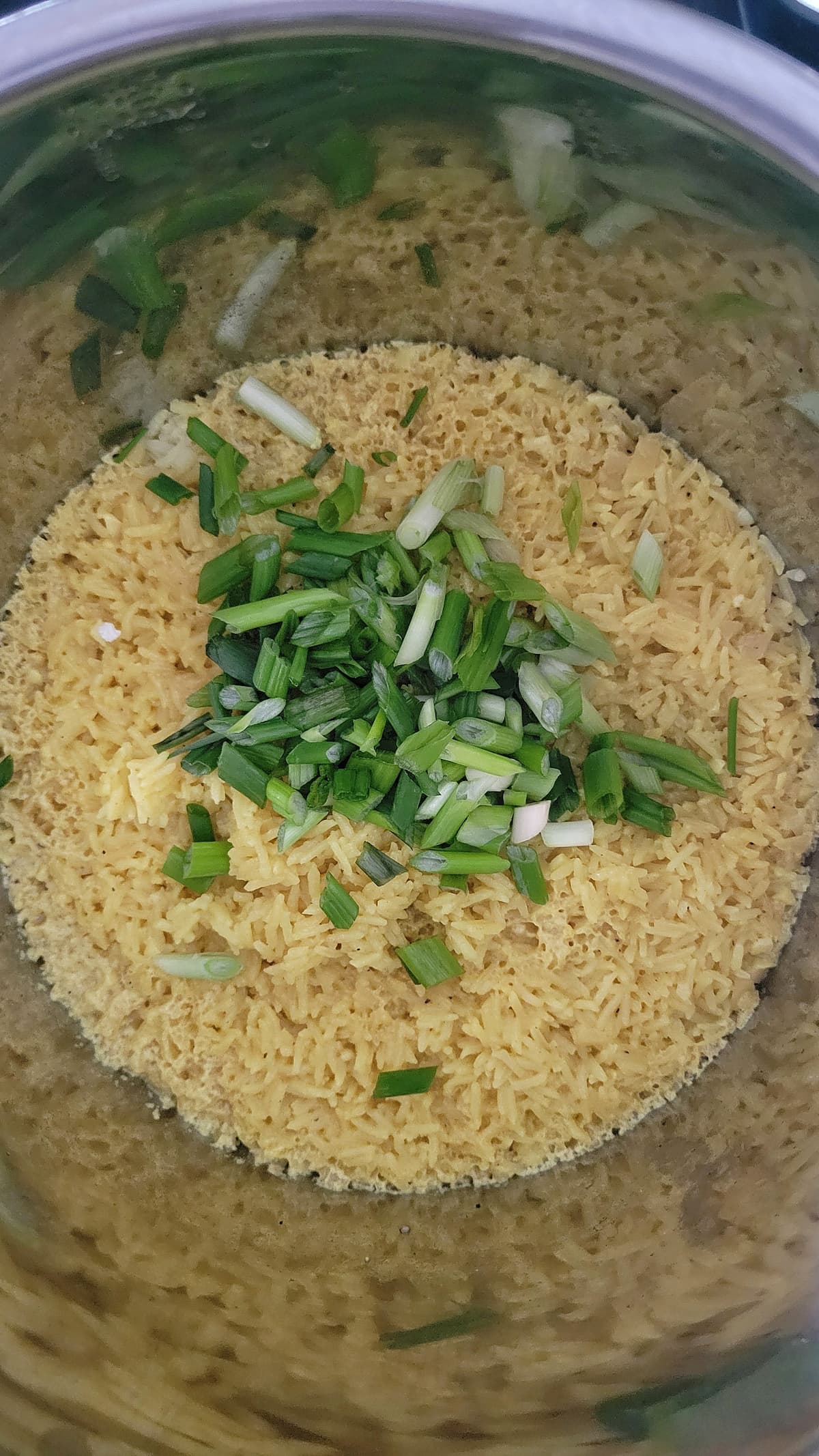 pile of green onions on top of rice in the instant pot