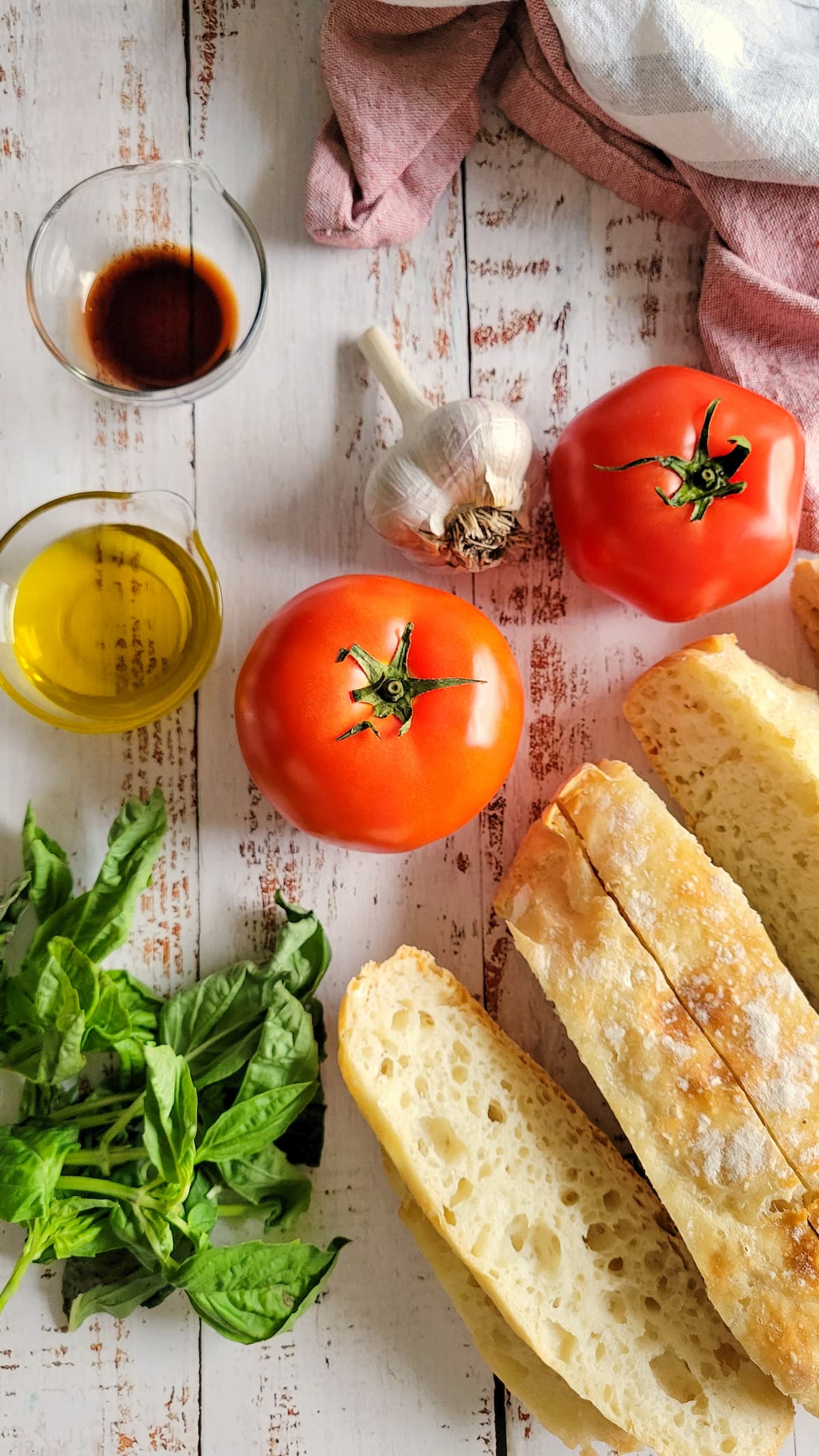 tomatoes, garlic, balsamic, olive oil, bread, basil