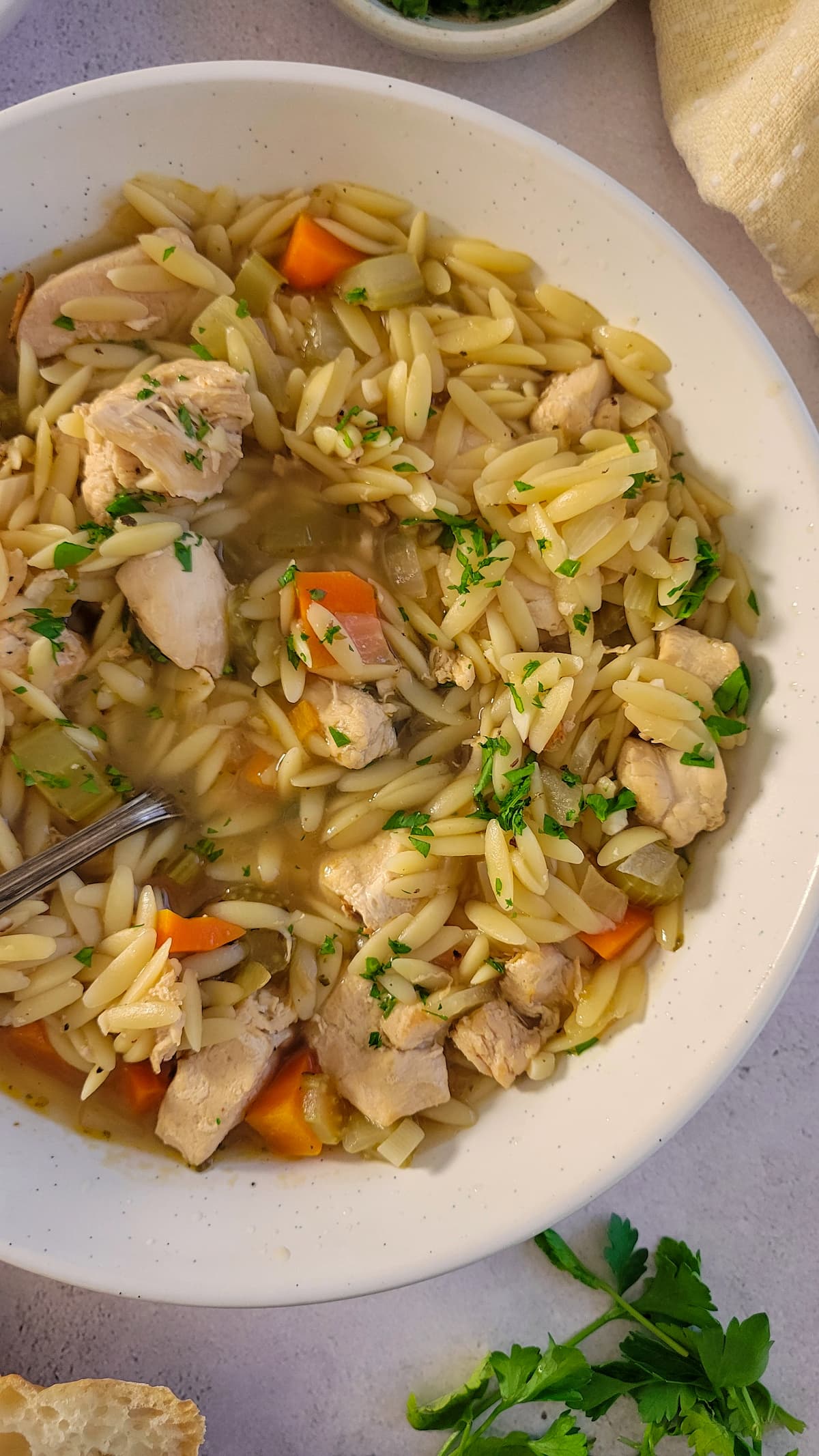 bowl of orzo soup with veggies and chicken