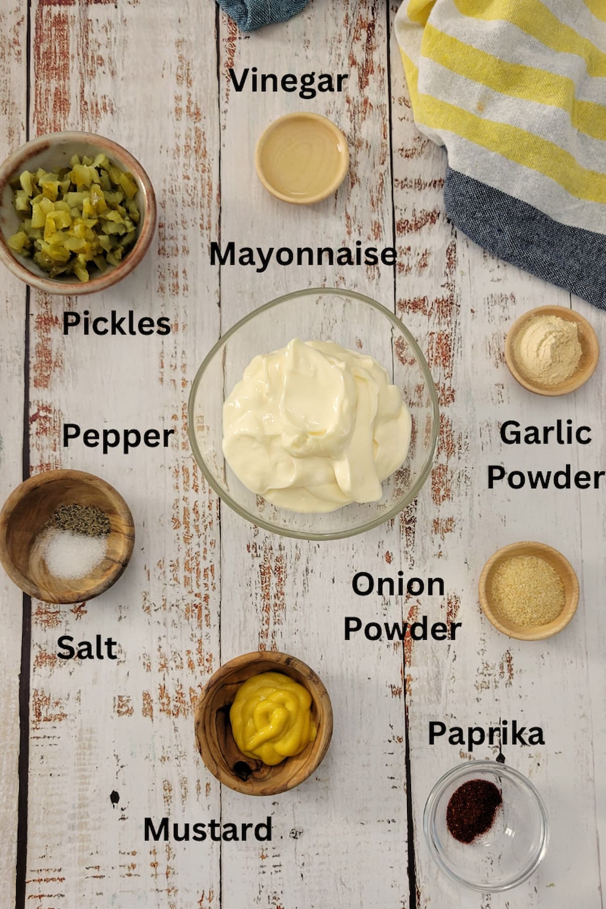 ingredients for recipe for mac sauce - pickles, salt, pepper, mayo, paprika, mustard, garlic powder, onion powder, vinegar