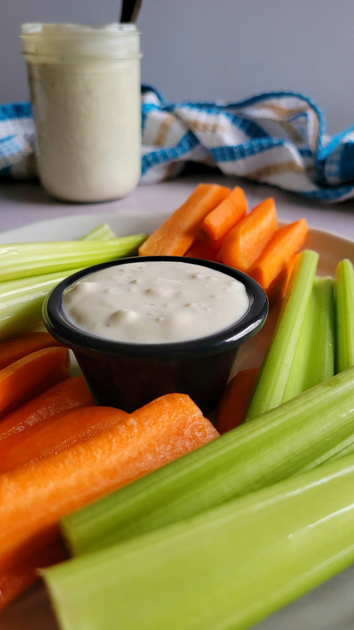carrot and celery sticks on a plate with a ramekin of blue cheese dressing, a jar of more dressing in the background