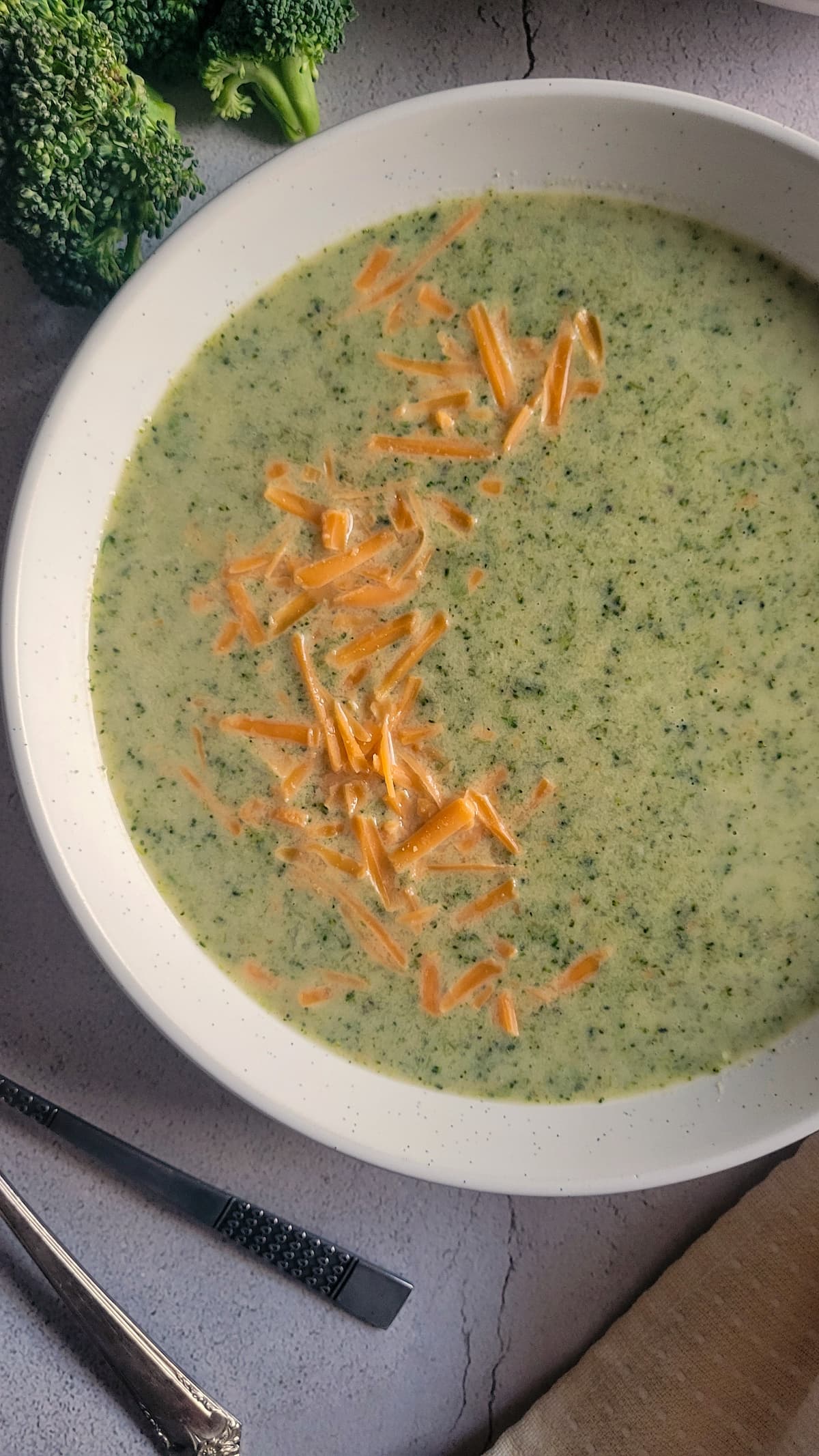 broccoli & cheese soup next to some broccoli florets