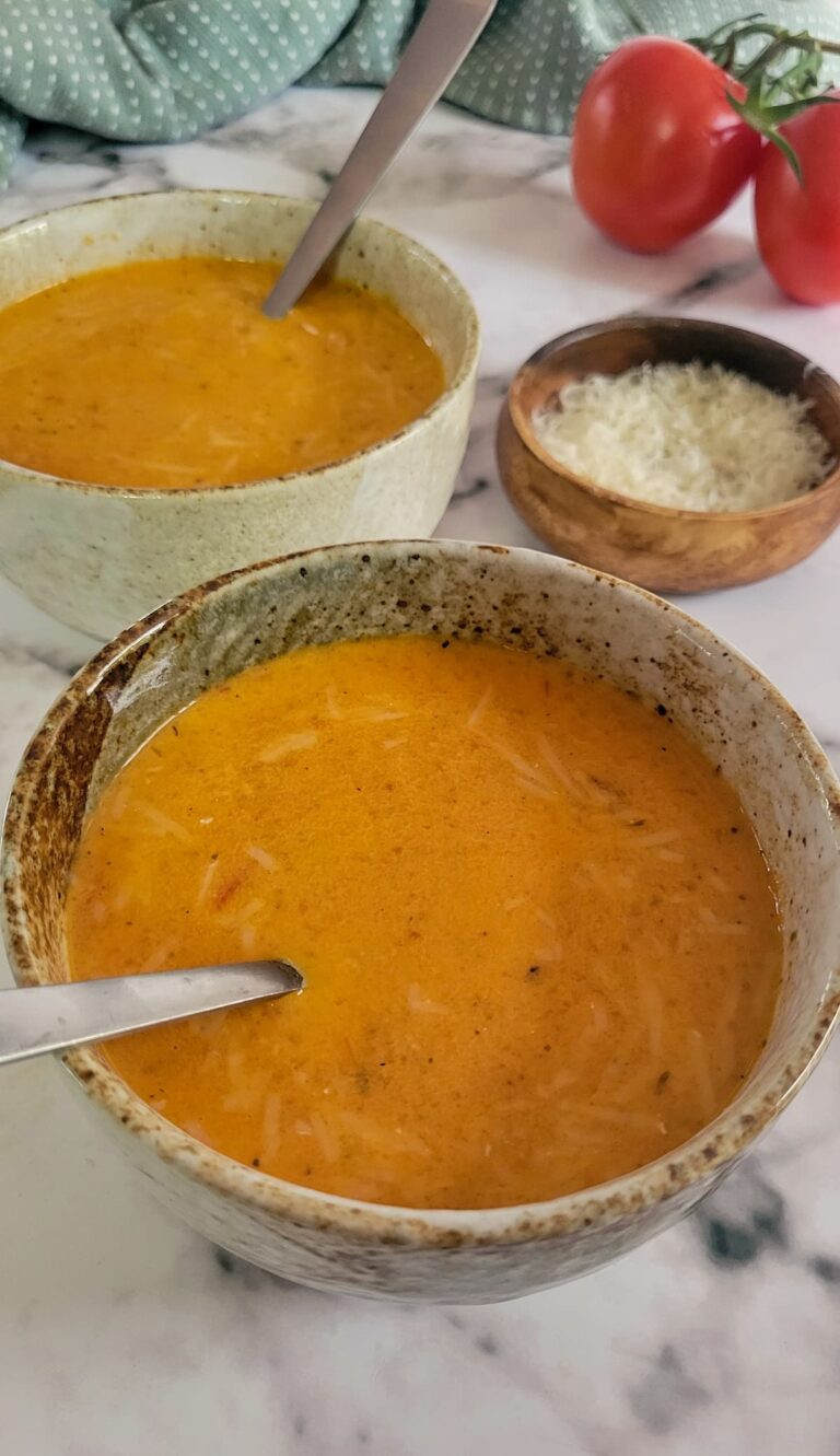bowls of tomato bisque, fresh tomatoes, and bowl of parmesan cheese