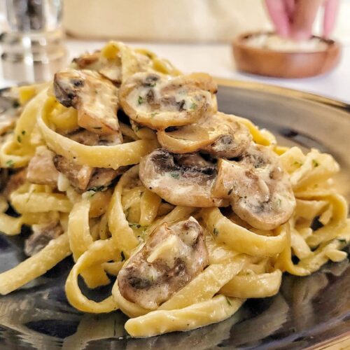 fettuccine mushroom alfredo stacked on a plate, hand grabbing parm cheese out of a ramekin in the background next to a pepper grinder.
