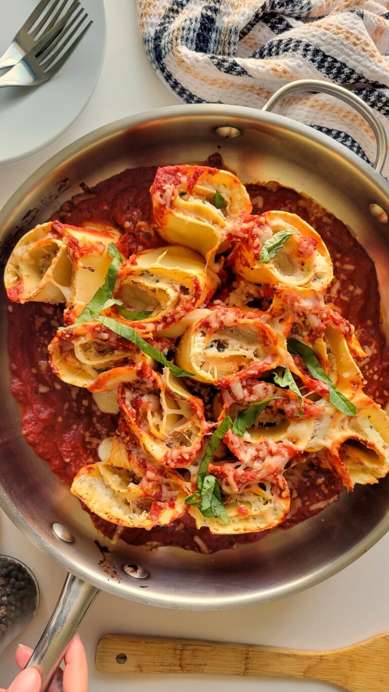 rosette al forno (pasta roses) in tomato sauce with fresh basil