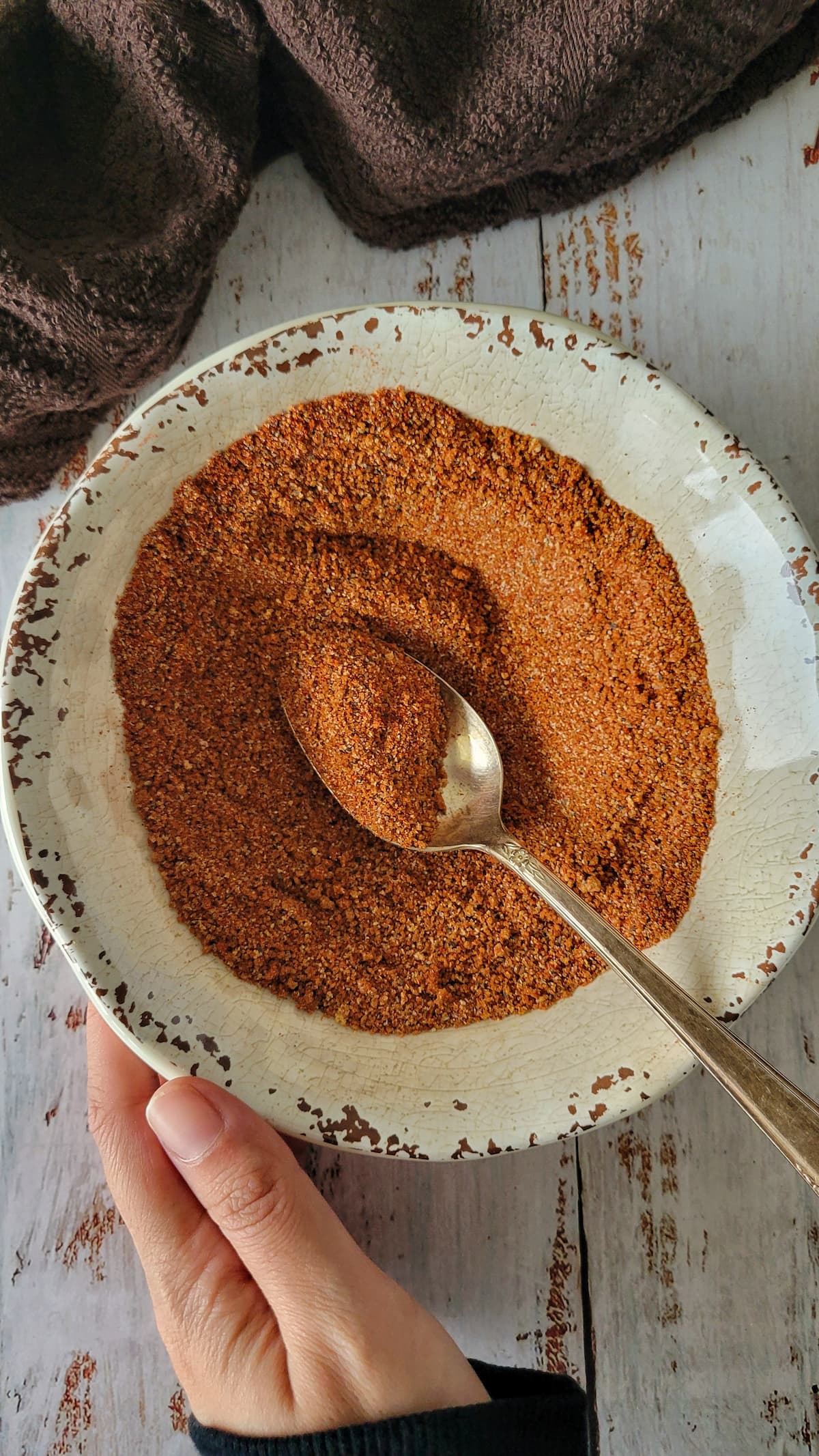 hand holding a bowl of bbq dry rub, spoon in the bowl