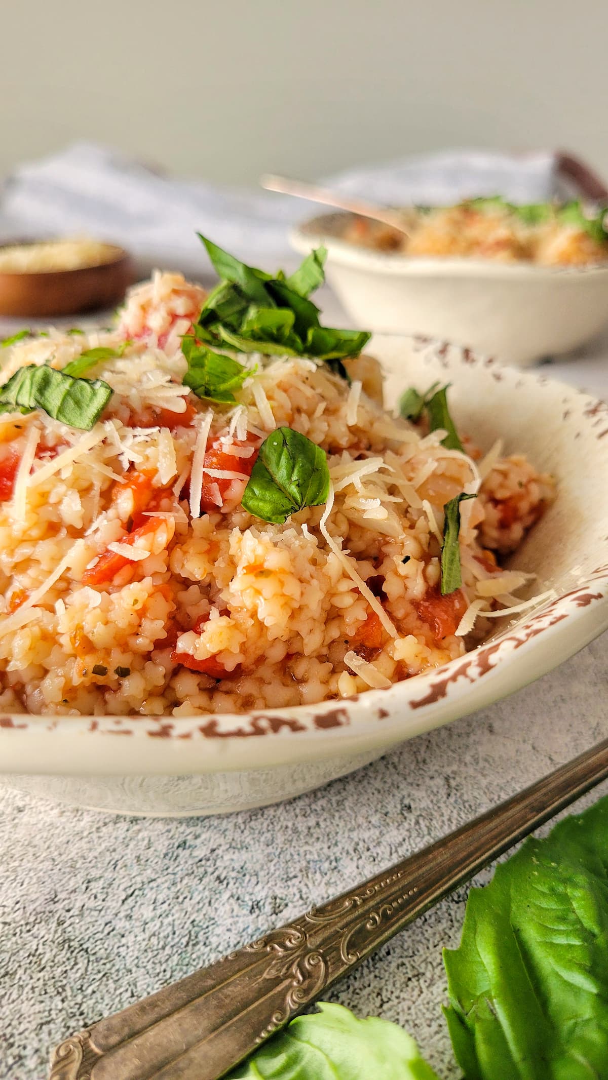 tomato pastina piled high in a bowl with fresh basil and parmesan cheese