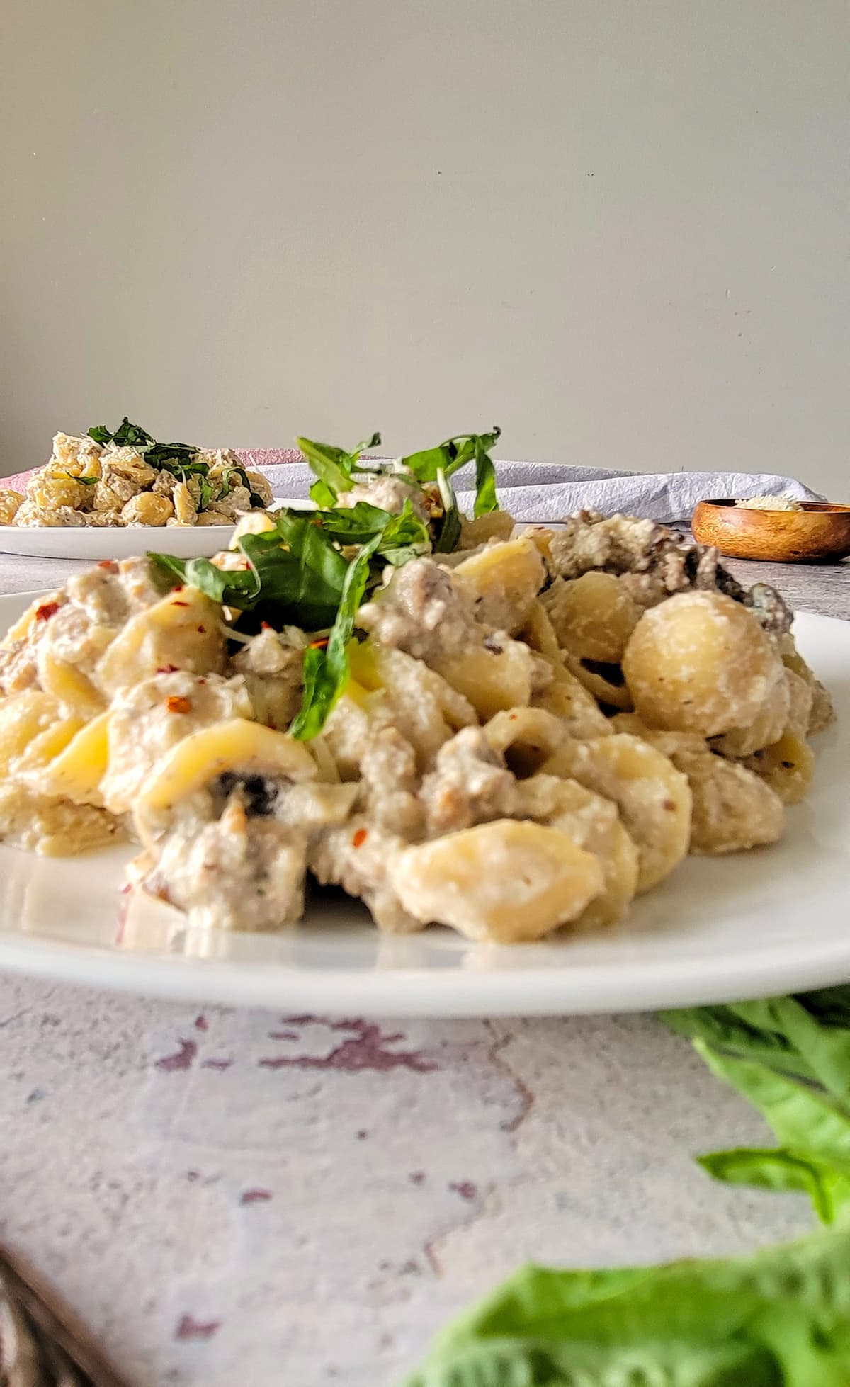 plate of creamy sausage pasta with fresh basil on top, another plate in the background