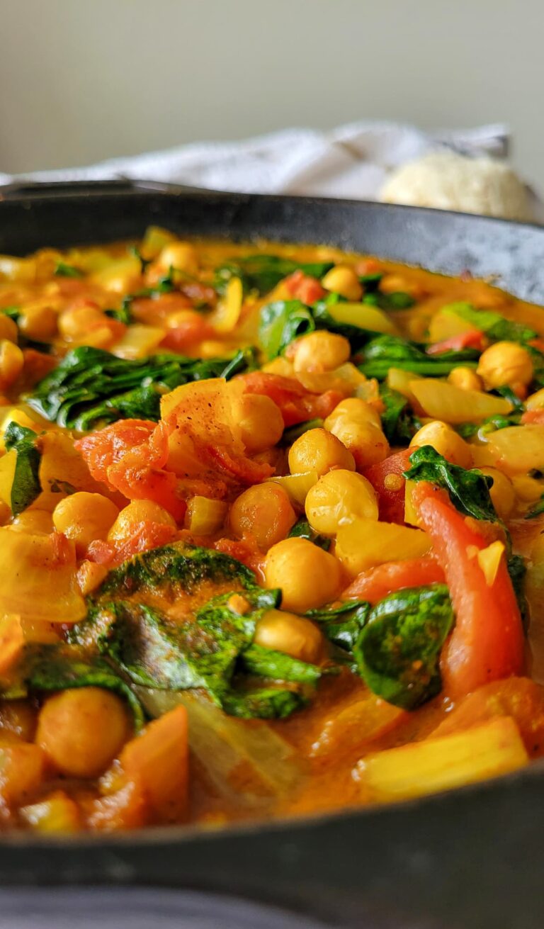 skillet with chickpeas, spinach, diced tomatoes, onions
