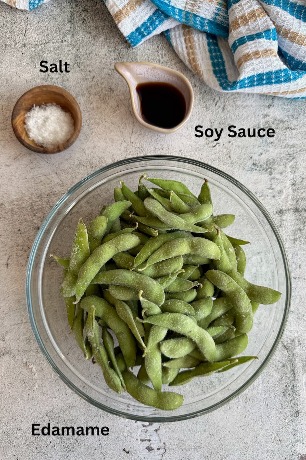 ingredients for steamed edamame - edamame, soy sauce, salt