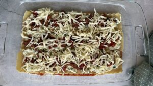 baking dish of a single uncooked layer of lasagna - tomato sauce, ricotta, mozzarella cheese, meat sauce, lasagna noodles