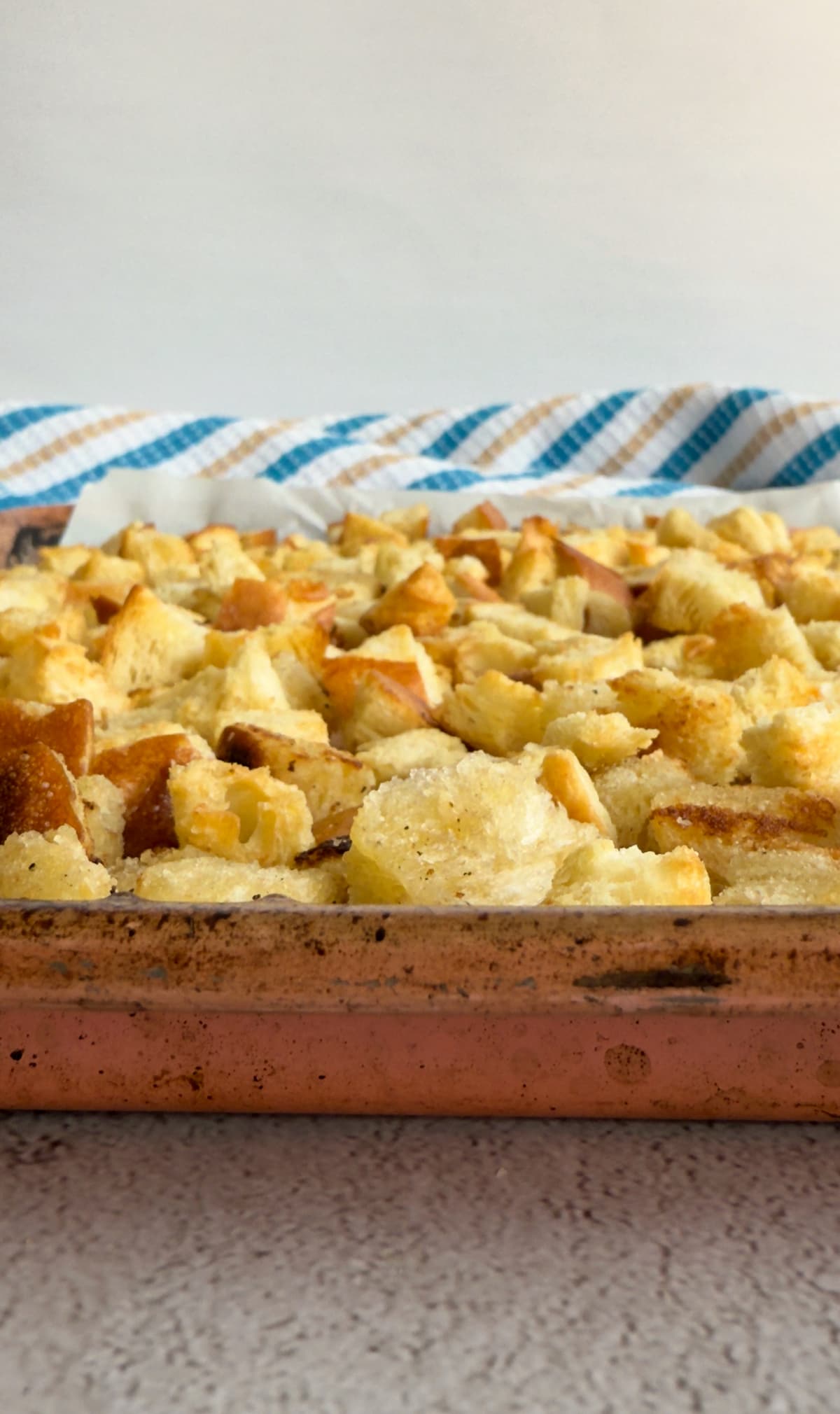 tray of sourdough bread croutons