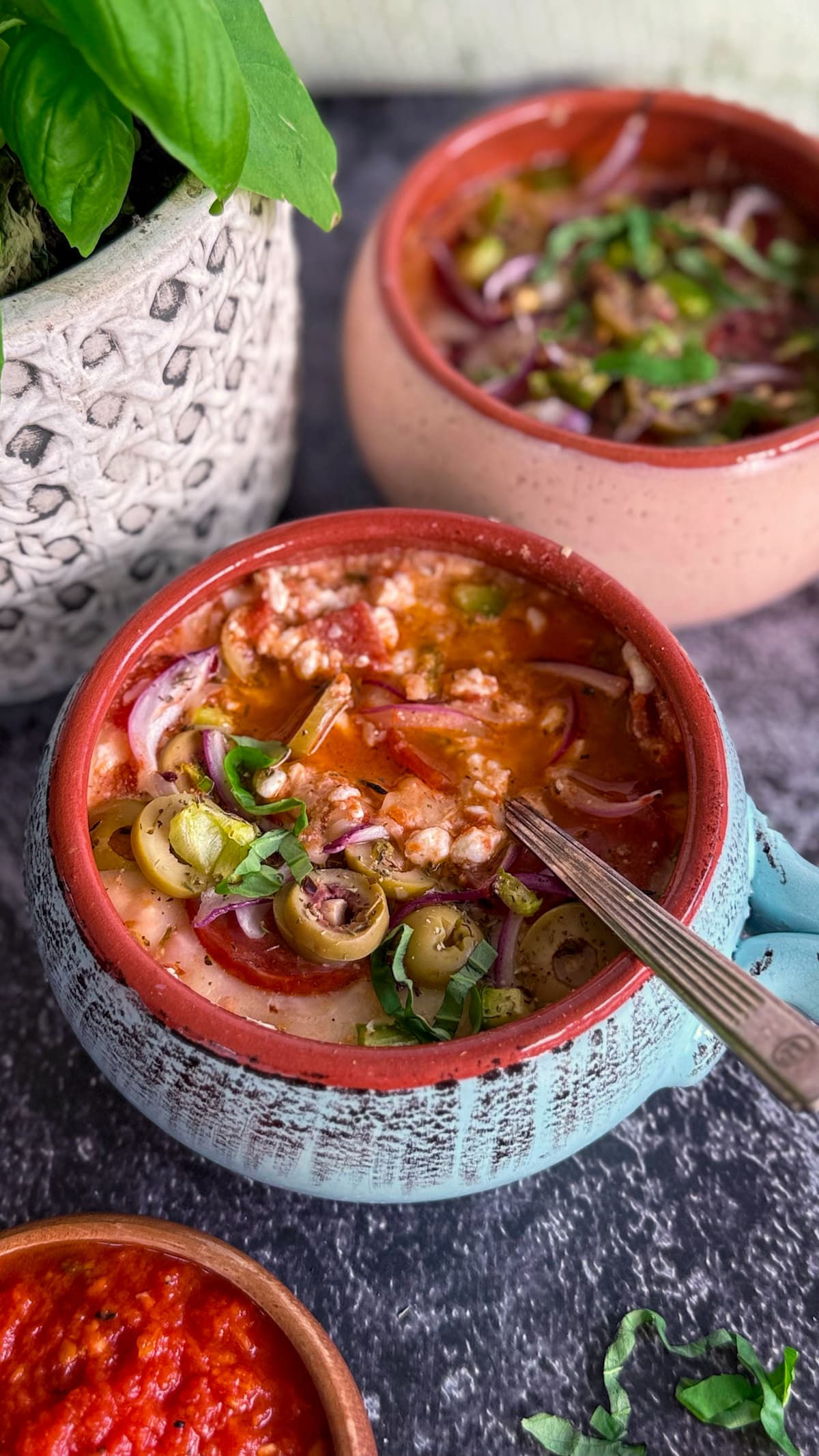 cottage cheese pizza bowl with tomato sauce, mozzarella and fresh basil