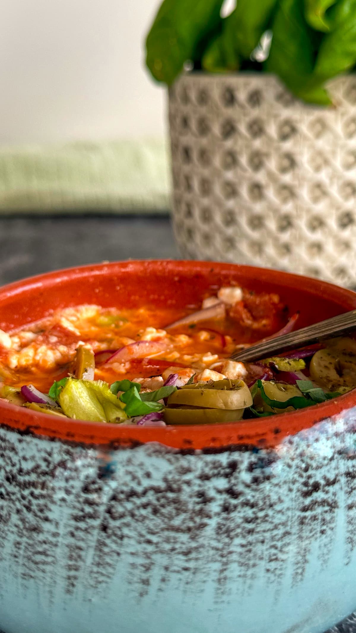 cottage cheese pizza bowl with fresh basil and pizza toppings, basil plant in the background